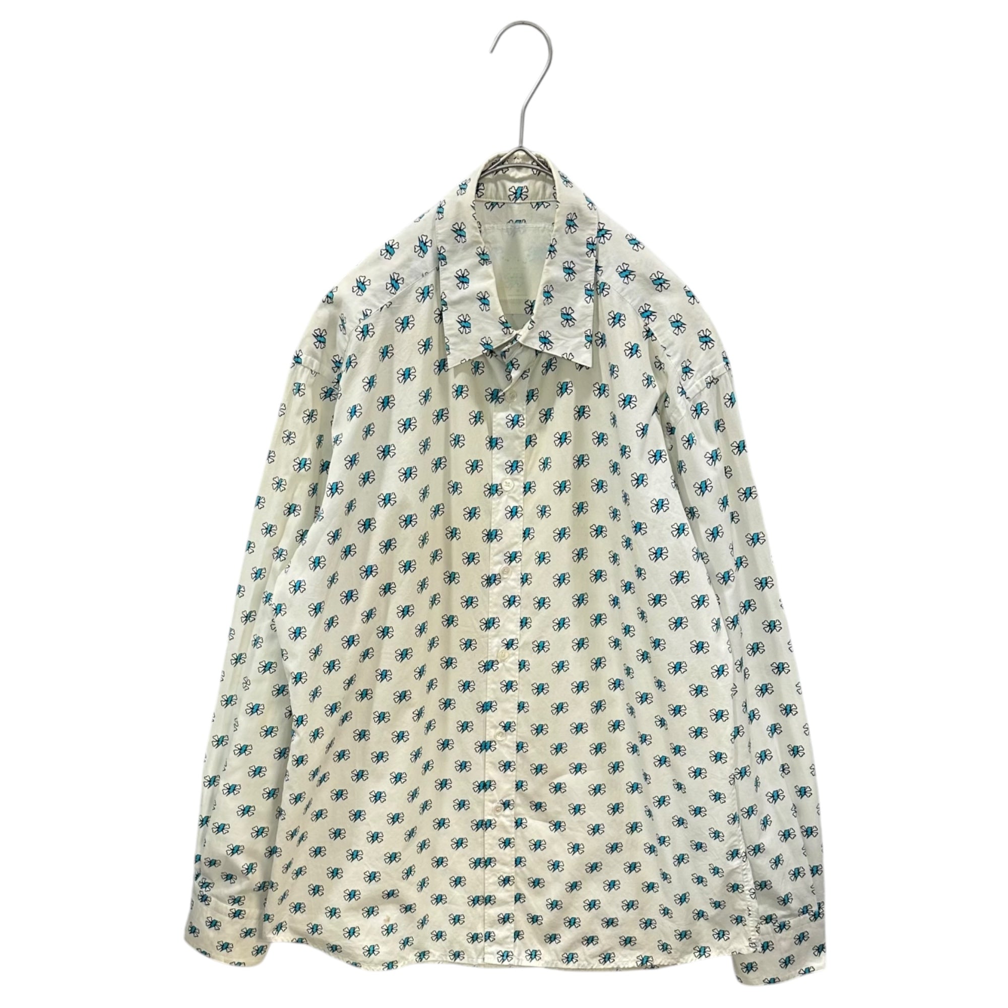 UNDERCOVER(アンダーカバー) 2001SS Thunder & Crossbone All-Over Print L/S Shirt サンダー クロスボーン 総柄 長袖 シャツ M ホワイト×ライトブルー 00's Archive アーカイブ
