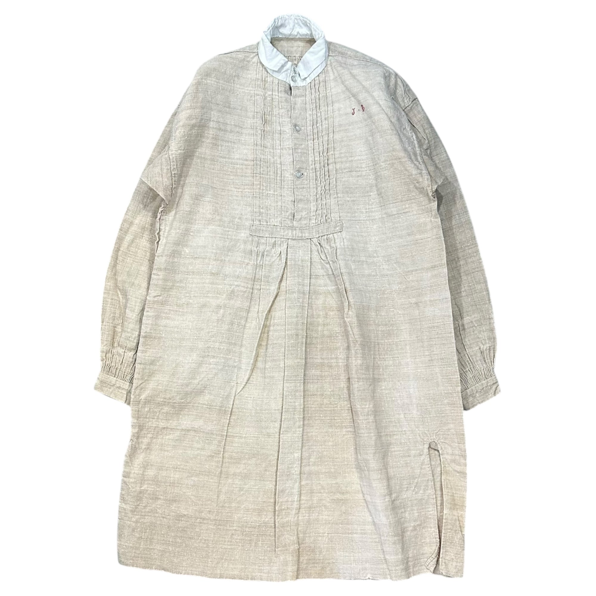 Euro antique(ヨーロッパアンティーク) 1900's~ thick linen granpashirt handwork 「JD」name ネーム刺繡入り厚手リネンのグランパシャツ 当時日常着 エクリュ