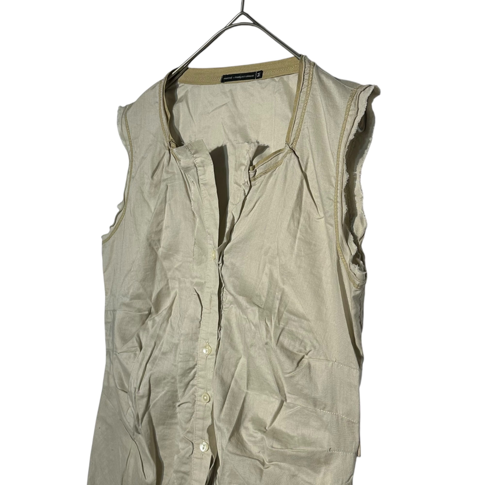 MARITHE FRANCOIS GIRBAUD(マリテフランソワジルボー) 00's Back Gathering Cotton Cut-out N/S Blouse バック ギャザー コットン カットオフ ノースリーブ ブラウス F5-5956 M ベージュ×イエロー Y2K シャツ