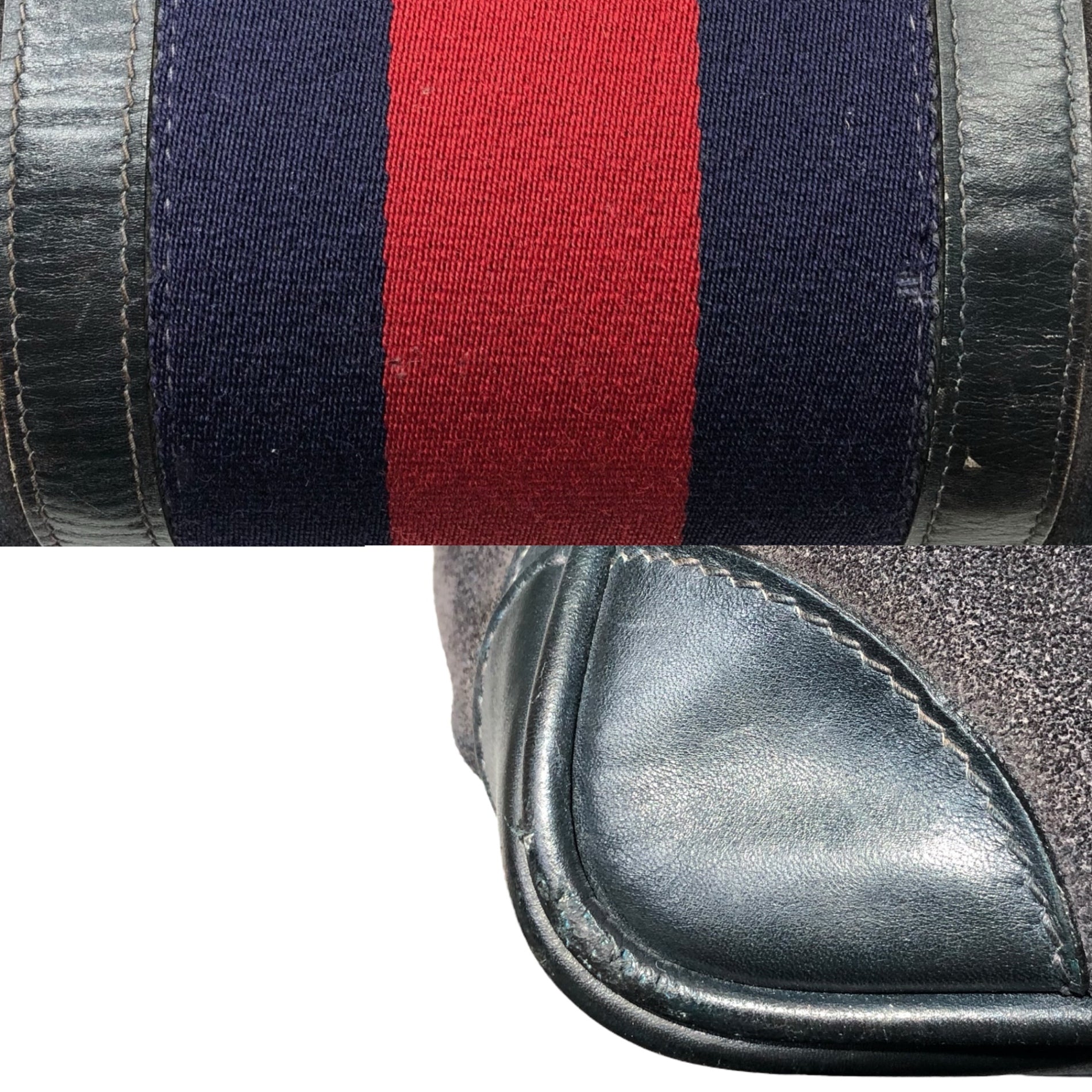 GUCCI(グッチ) 80's vintage suede boston bag ヴィンテージ スウェード ボストン バッグ シェリーライン ブラック×レッド×ネイビー OLD ハンド