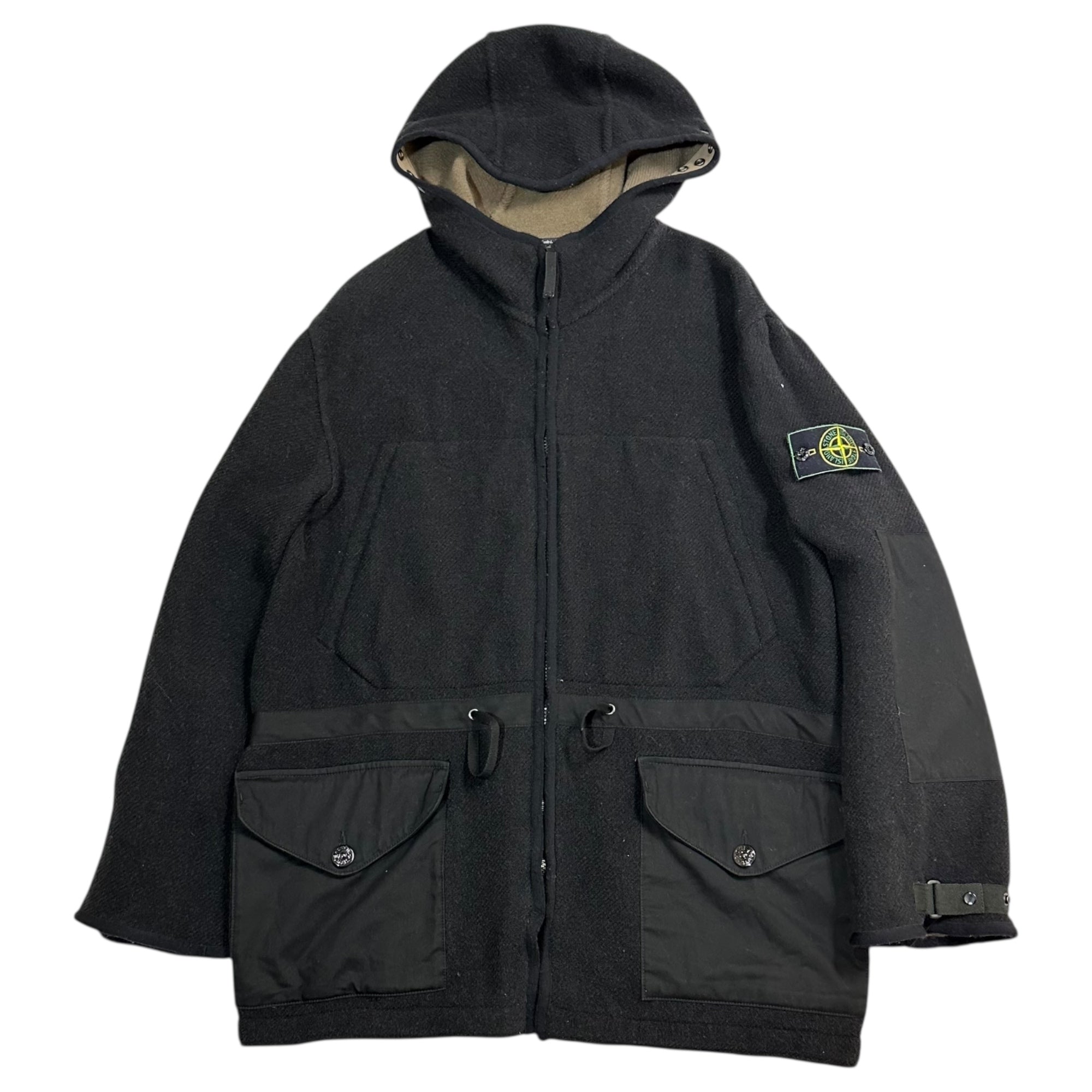 STONE ISLAND(ストーンアイランド) 97AW Reversible Nylon Paneled Wool Hooded Jacket リバーシブル ナイロン 切替 ウール フーデット ジャケット 27154G26 S ブラック 90's 90年代 グリーンエッジ ヴィンテージ マッシモオスティ