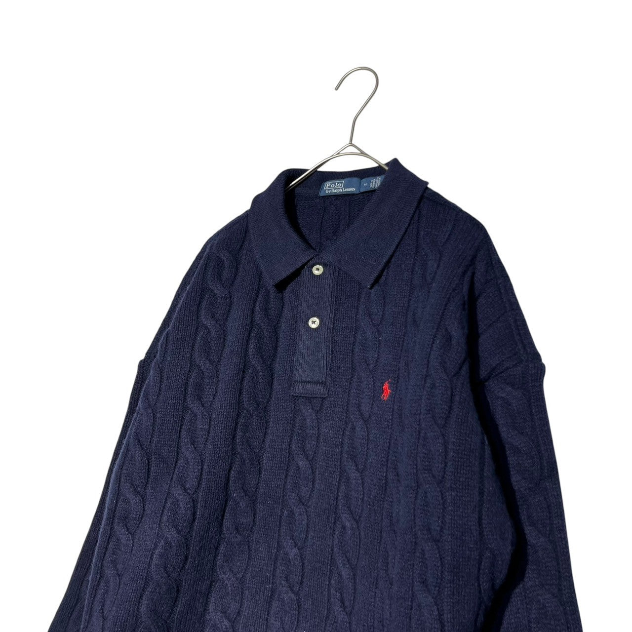 POLO RALPH LAUREN(ポロラルフローレン) Logo Cashmere Cable Knit Polo Shirt ロゴ 刺繍 カシミヤ ニット ポロ シャツ WMPOKNINB920184020 M ネイビー ショート丈 スクール