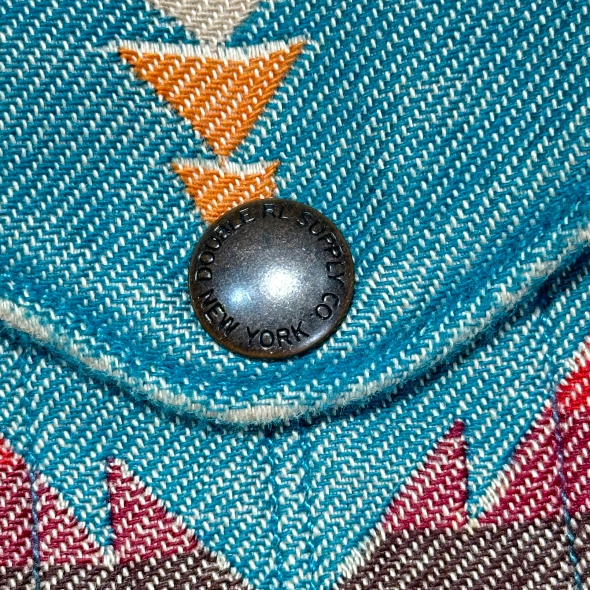 RRL(ダブルアールエル) NATIVE JACQUARD OVER SHIRT ネイティブ柄 コットン ジャガード エルボーパッチ シャツ ジャケット S ターコイズブルー×ブラウン