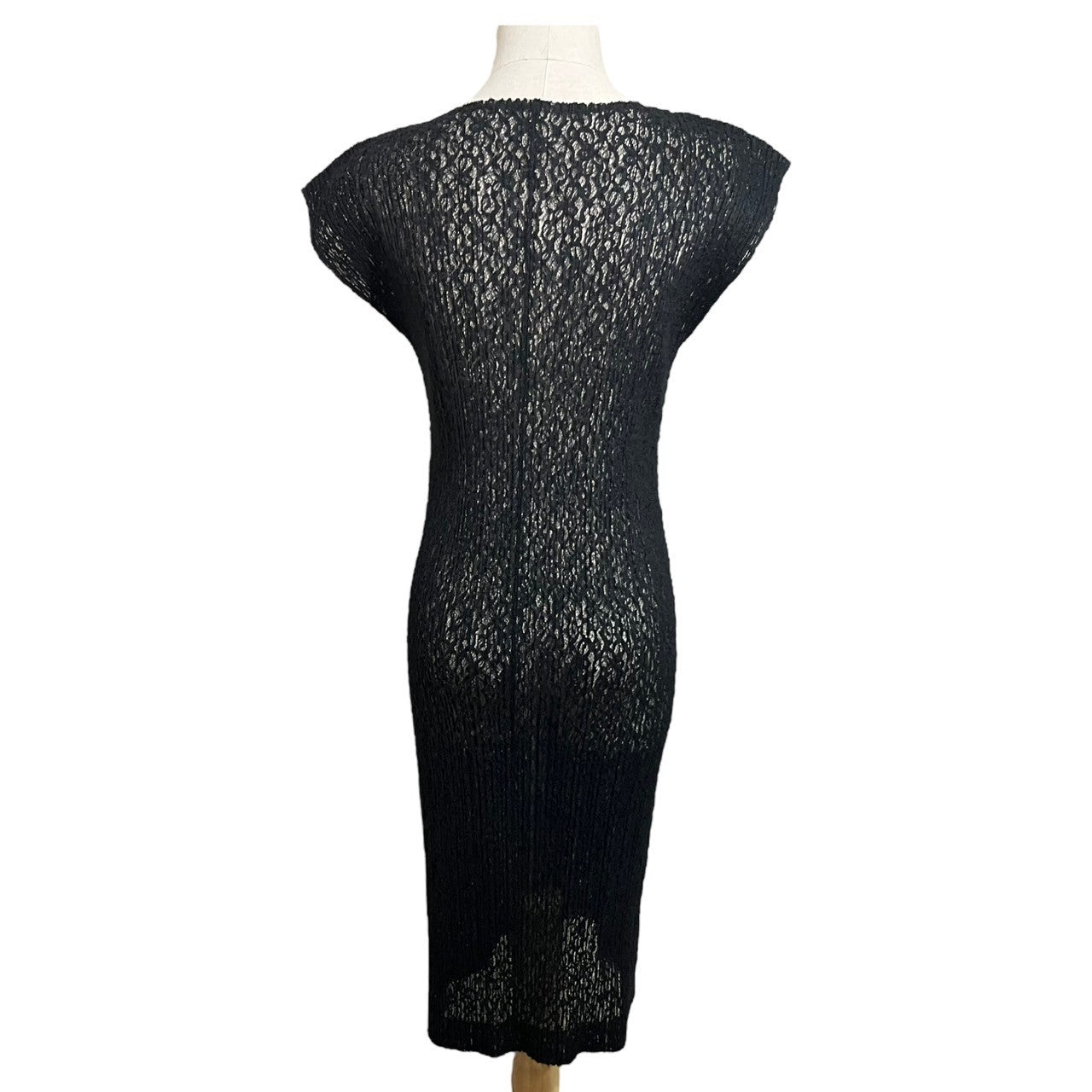 PLEATS PLEASE(プリーツプリーズ) 15AW Lace pleated dress 総レース プリーツ ワンピース PP53-JK754 3(L程度) ブラック V オープン ネック メッシュ ノースリーブ ドレス