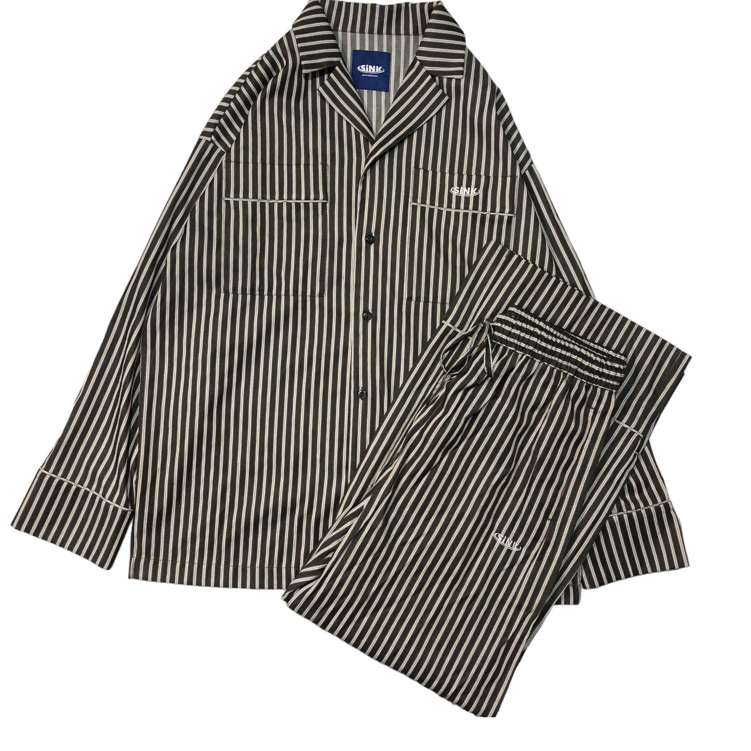 SINK kotohayokozawa(シンク コトハヨコザワ) パジャマストライプシャツ/ストライプパンツ/セットアップ M グレー×オレンジ