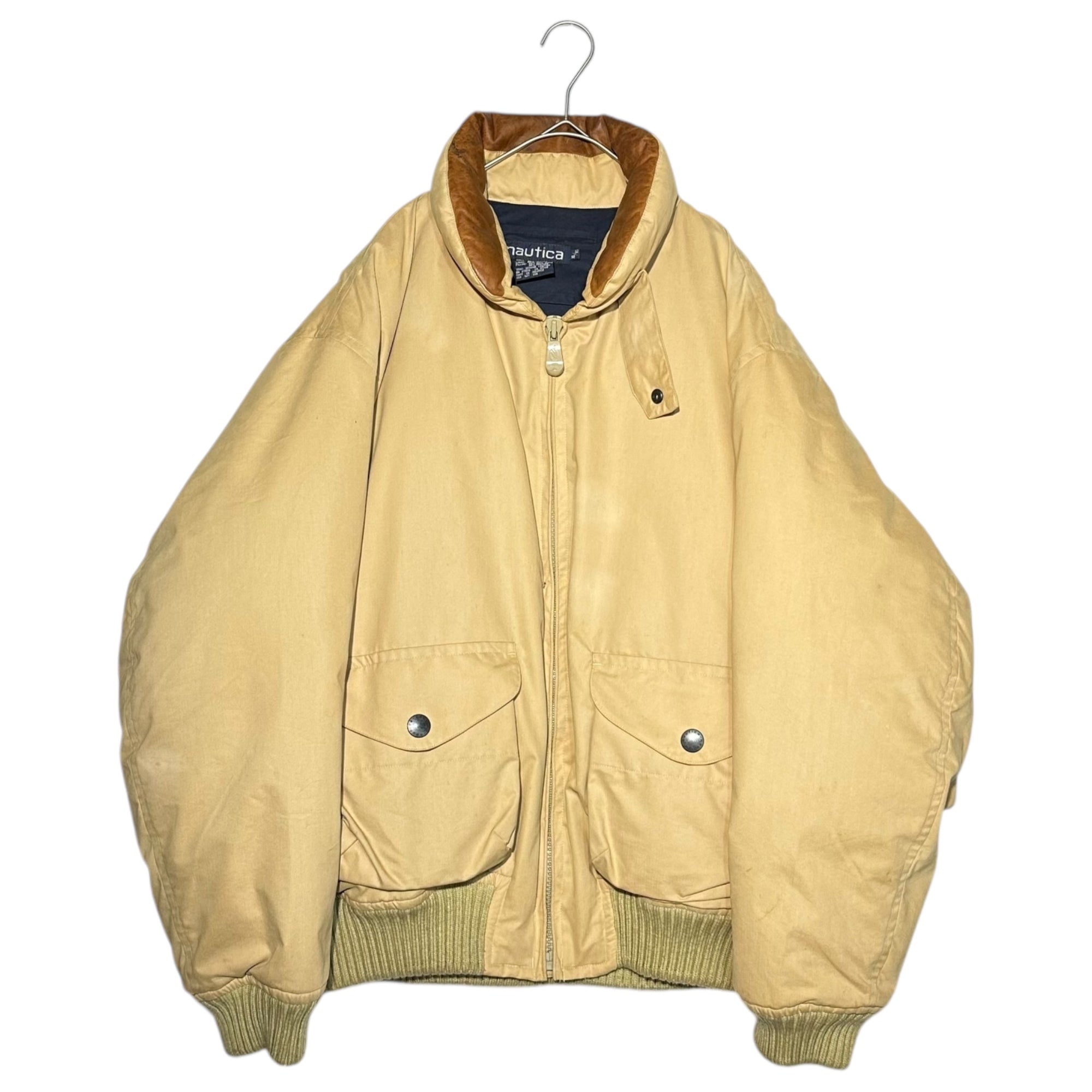 NAUTICA(ノーティカ) 90's Collar Leather Vintage Down Jacket 襟レザー ヴィンテージ ダウンジャケット XL ベージュ 90年代 ビッグサイズ 古着