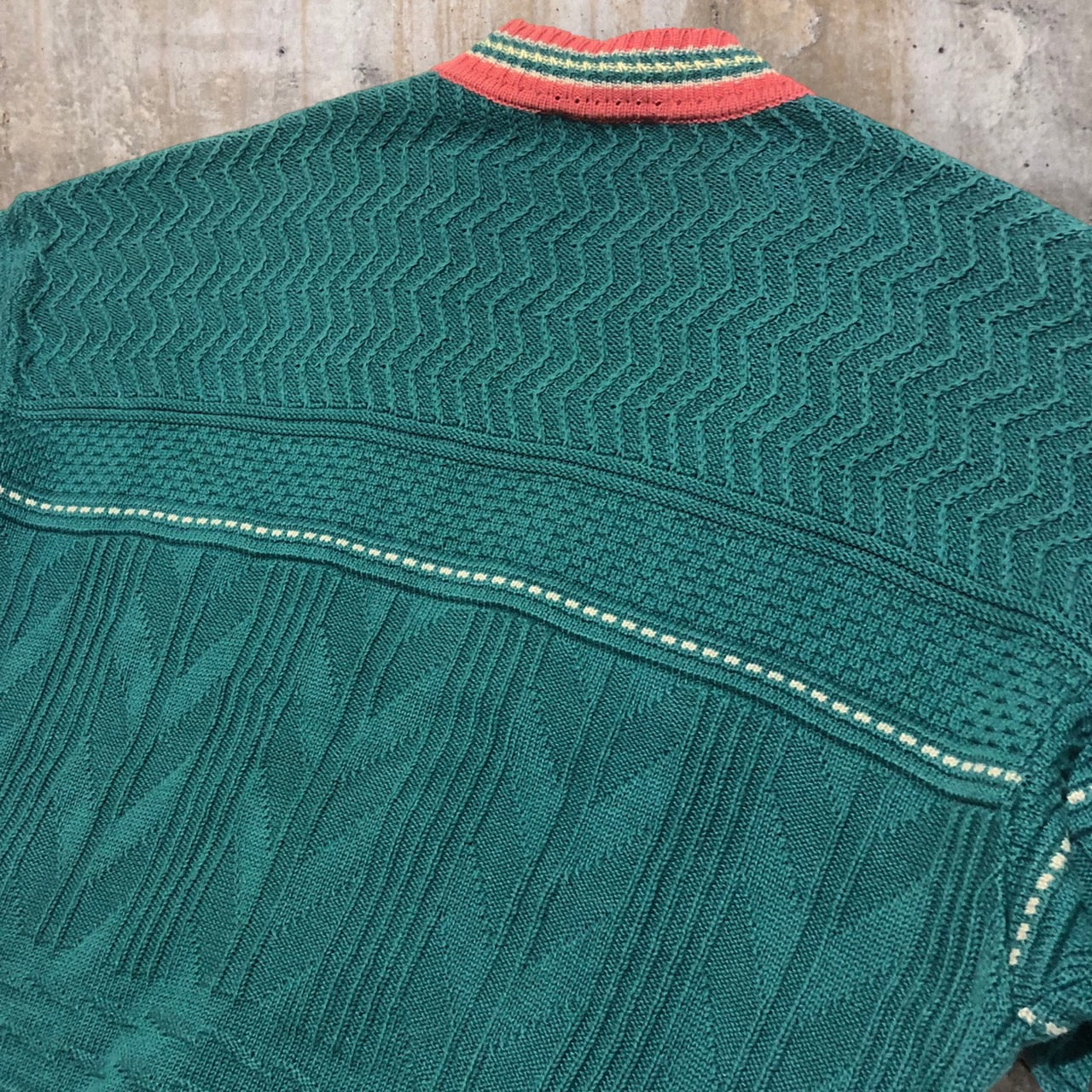 EXAMPLE BY MISSIONI(イグザンプルバイミッソーニ) 80's コットン アクリル 3D ニット カーディガン 綿 カーディガン 80年代 ヴィンテージ SIZE 50(XL程度) グリーン×ピンク