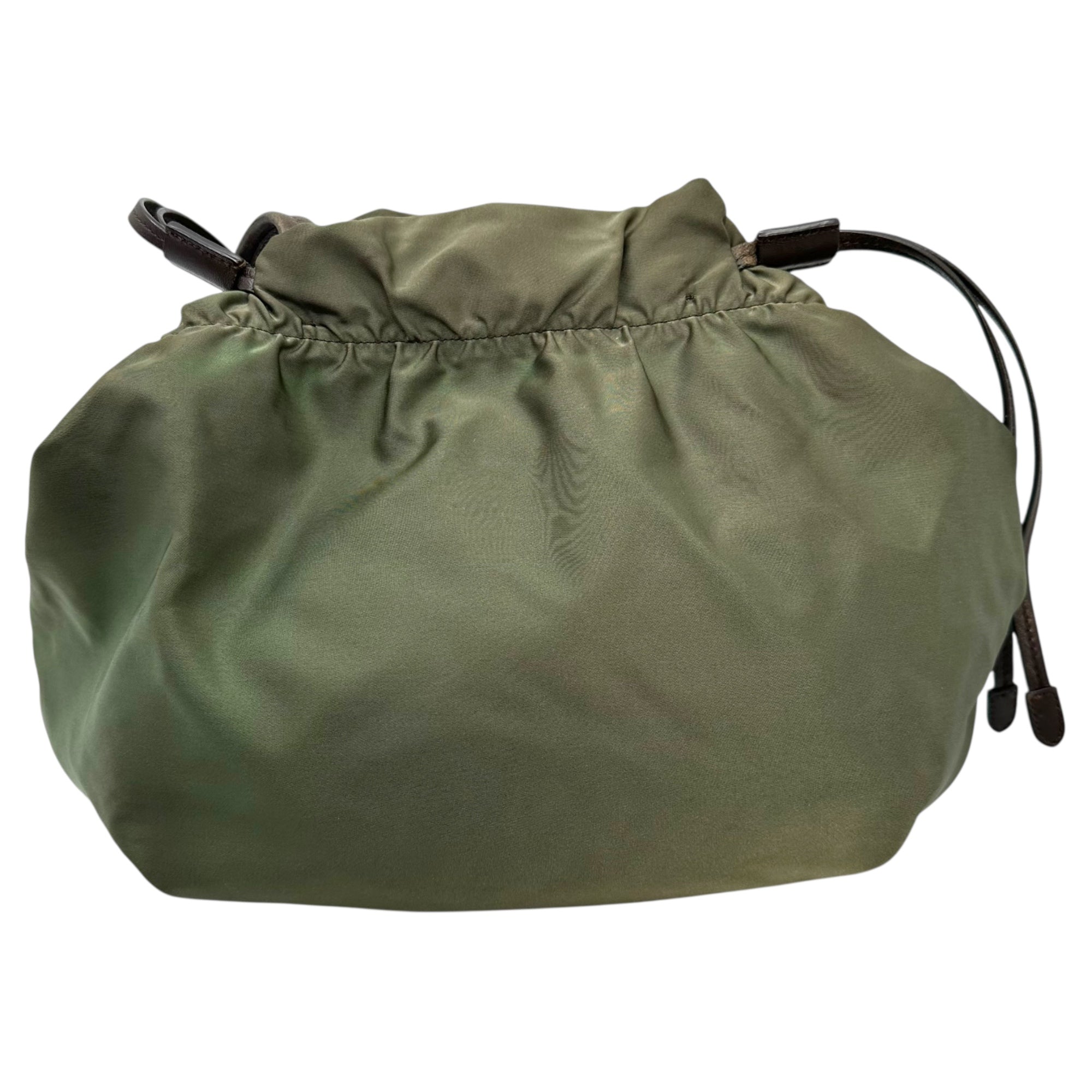 PRADA(プラダ) Logo Nylon Drawstring Tote Bag ロゴ ナイロン 巾着 トート バッグ BR4366 オリーブ×ブラウン ハンド 肩掛け ワンショルダー