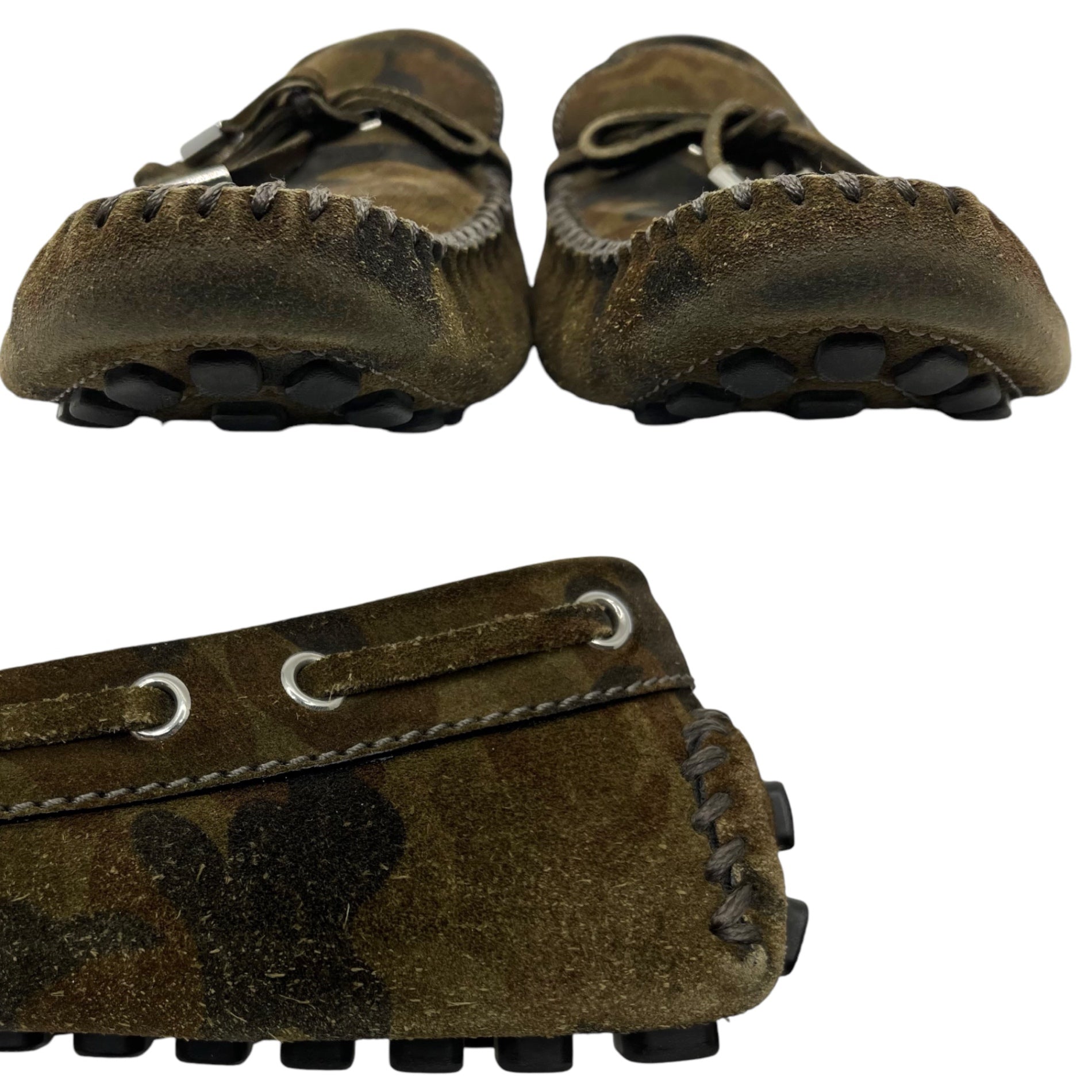 LOUIS VUITTON(ルイヴィトン) Camouflage moccasin driving shoes カモフラ モカシン ドライビング シューズ 製造番号:ND0133 9 1/2(27.5cm~28cm程度) カーキ 迷彩 ロゴ ローファー スリッポン