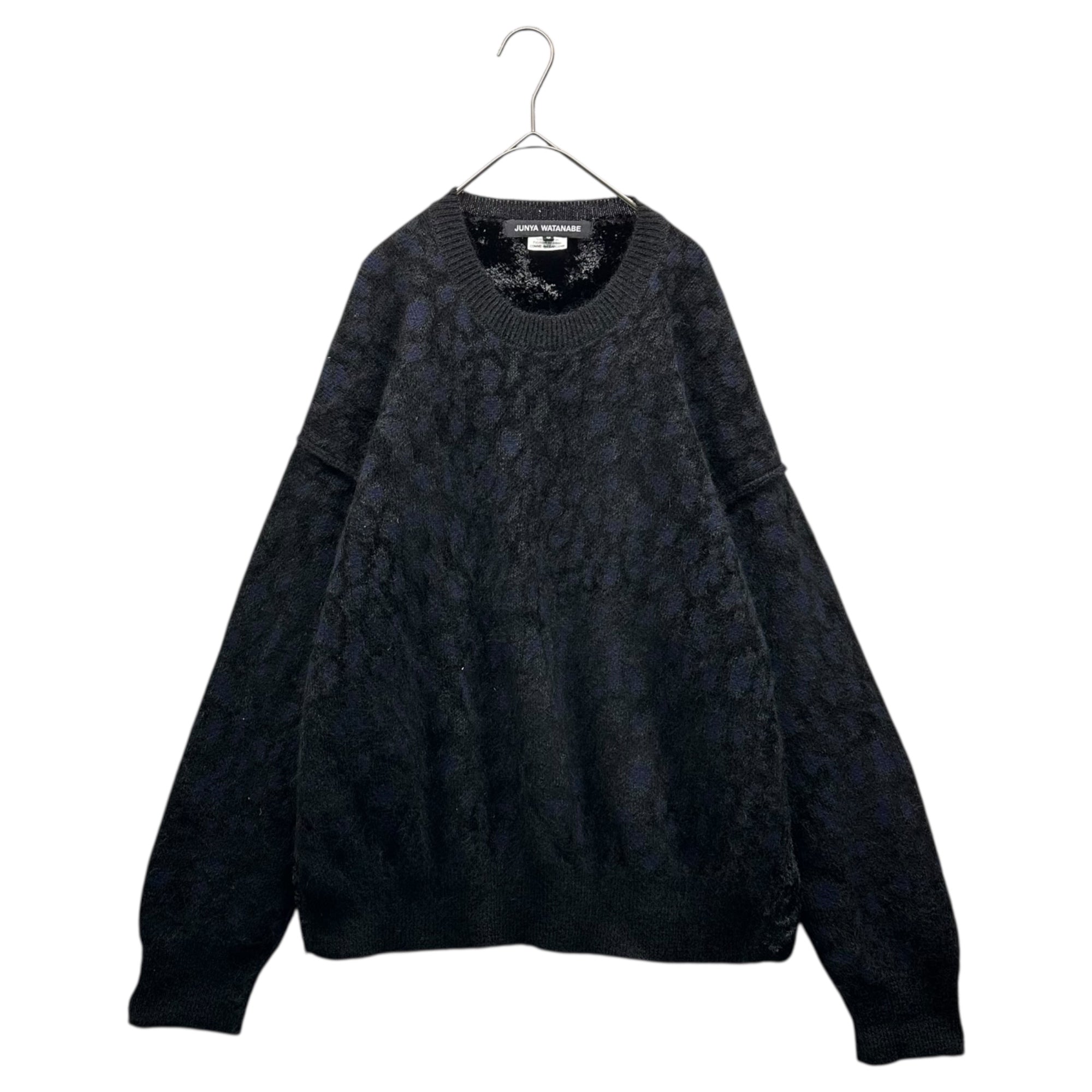 JUNYA WATANABE(ジュンヤワタナベ) 22AW Animal Print Velvet-Style Back Panel Crew Neck Knit アニマル柄 背面ベルベット風素材 切替 クルーネック ニット JJ-N041 S ネイビー×ブラック AD2022