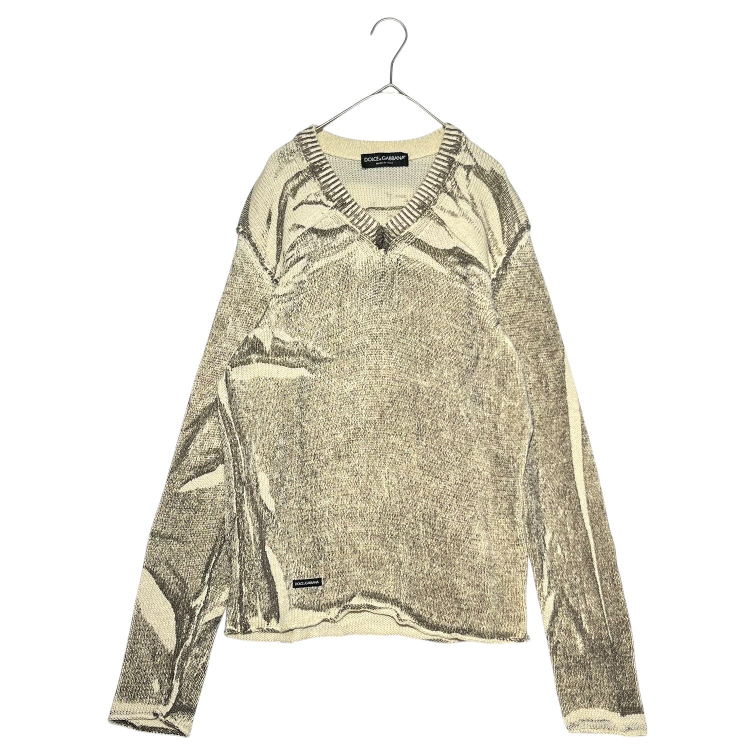 DOLCE&GABBANA(ドルチェ&ガッバーナドルガバ) 00's Painted V-neck cotton knit ペンキ加工 Vネック コットン ニット プルオーバー ZK205 0RS2 46(M程度) アイボリー×ブラック Y2K