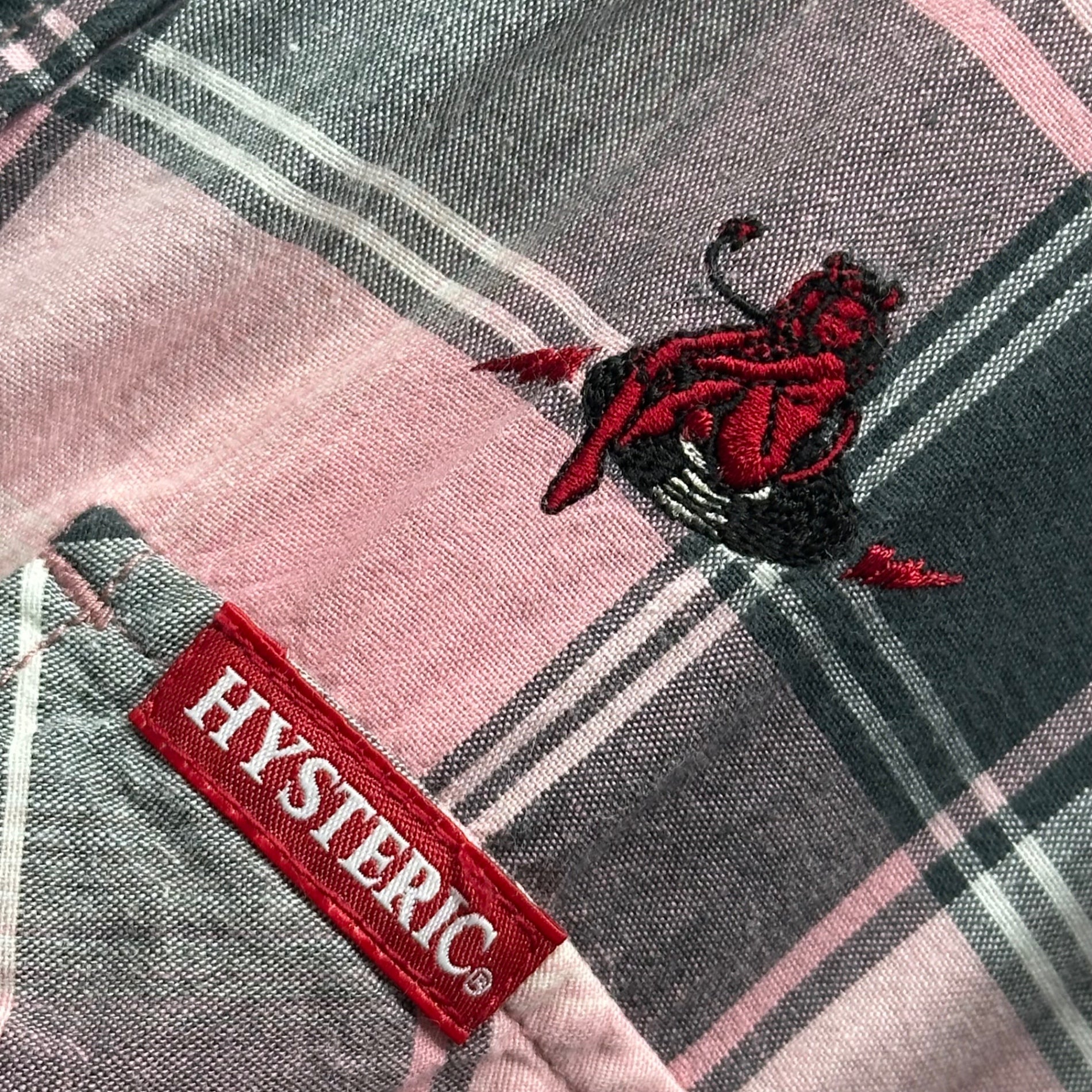 HYSTERIC GLAMOUR(ヒステリックグラマー) Devil Embroidered Check Shirt デビル 刺繍 チェック シャツ 02171AH03 M ピンク×グレー