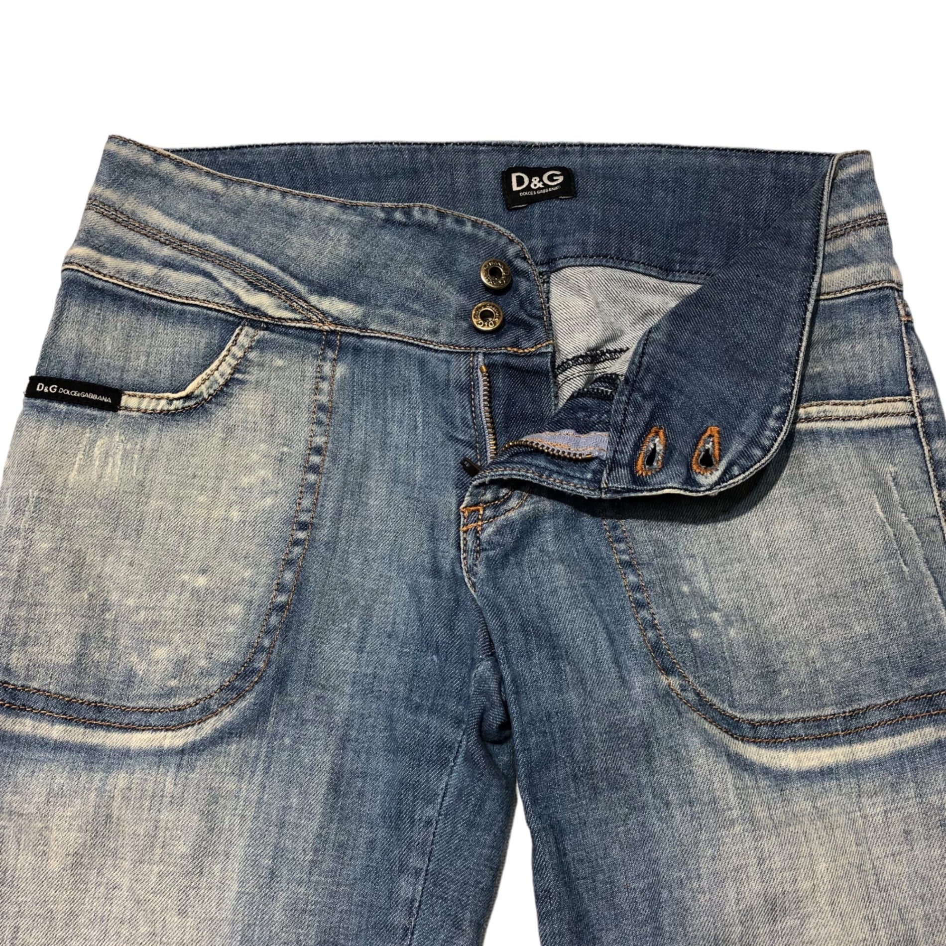 D&G DOLCE&GABBANA(ディーアンドジードルチェ&ガッバーナ) 00's flared denim pants ローライズ フレア デニム パンツ ジーンズ ロゴ プリント ラメ 24/38 インディゴ Y2K