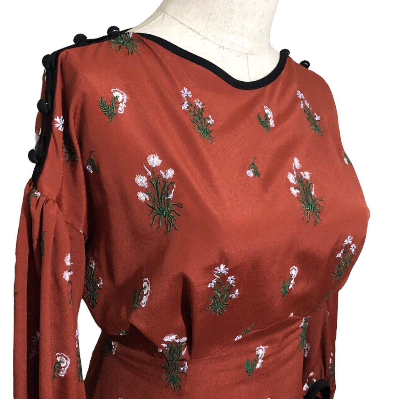 mame kurogouchi(マメクロゴウチ) 18SS Pedicel Embroidery Puff Sleeve Dress/フラワー刺繍ワンピース/ドレス/花 MM18SS-DR047 1(Sサイズ程度) ボルドー