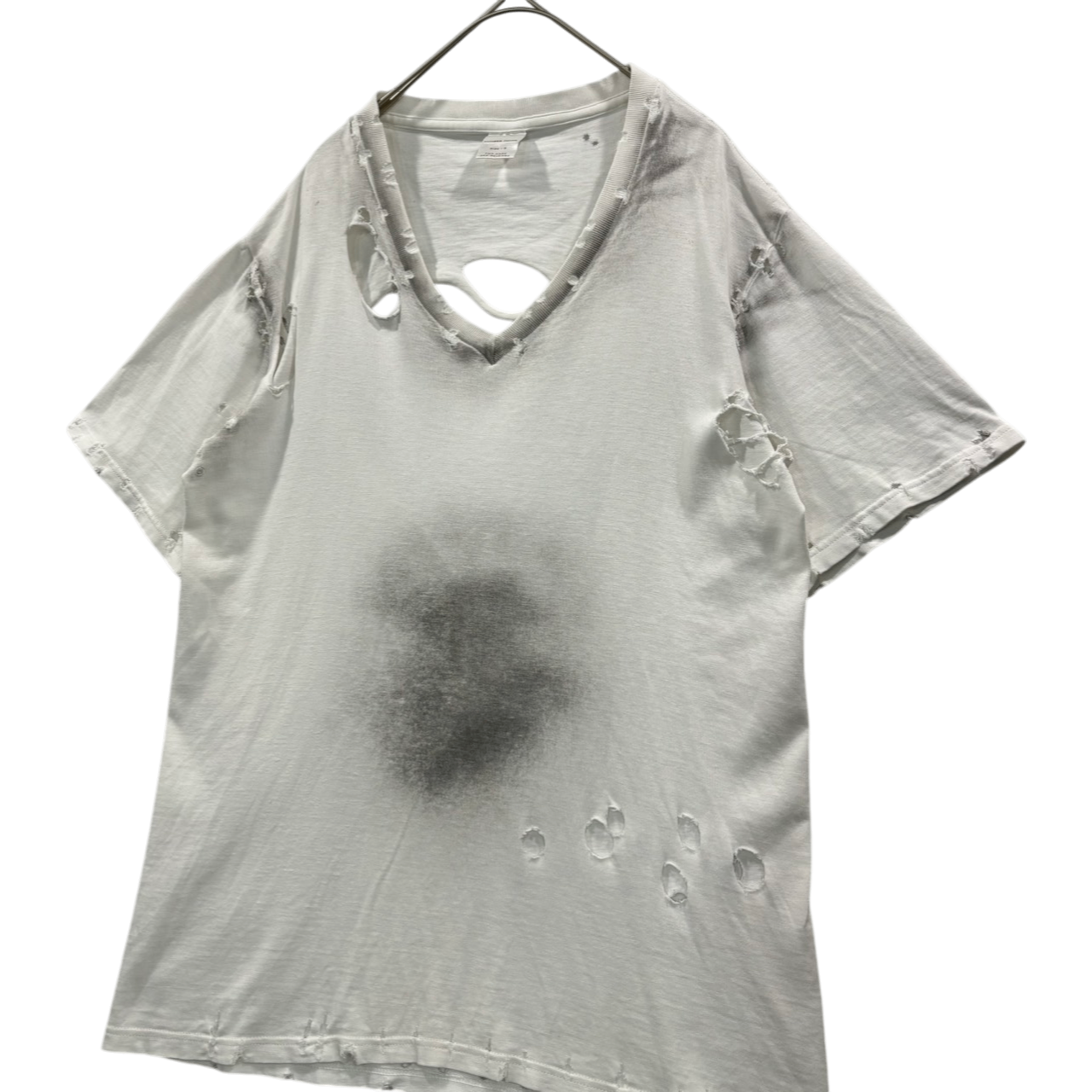 NUMBER (N)INE(ナンバーナイン) 02SS Modern Age Oval-Cut V-Neck T-Shirt with Heavy Distressed Finish 02SS モダンエイジ期 オーバル加工 Vネック Tシャツ ハードダメージ加工 3(M) ホワイト×ブラック アーカイブ