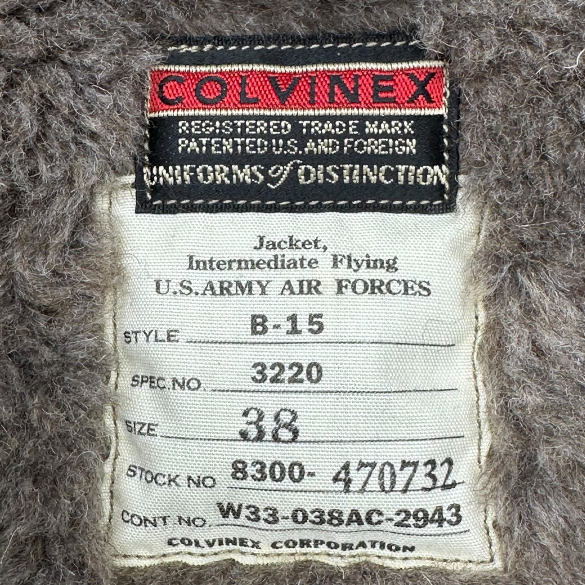 BUZZ RICKSON’S(バズリクソンズ) colvinex B-15 flight jacket フライト ジャケット 民間モデル US-ARMY CONT NO:W33-038AC-2943 SPEC:3220 38(M程度) ブラウン 型番:BR14144