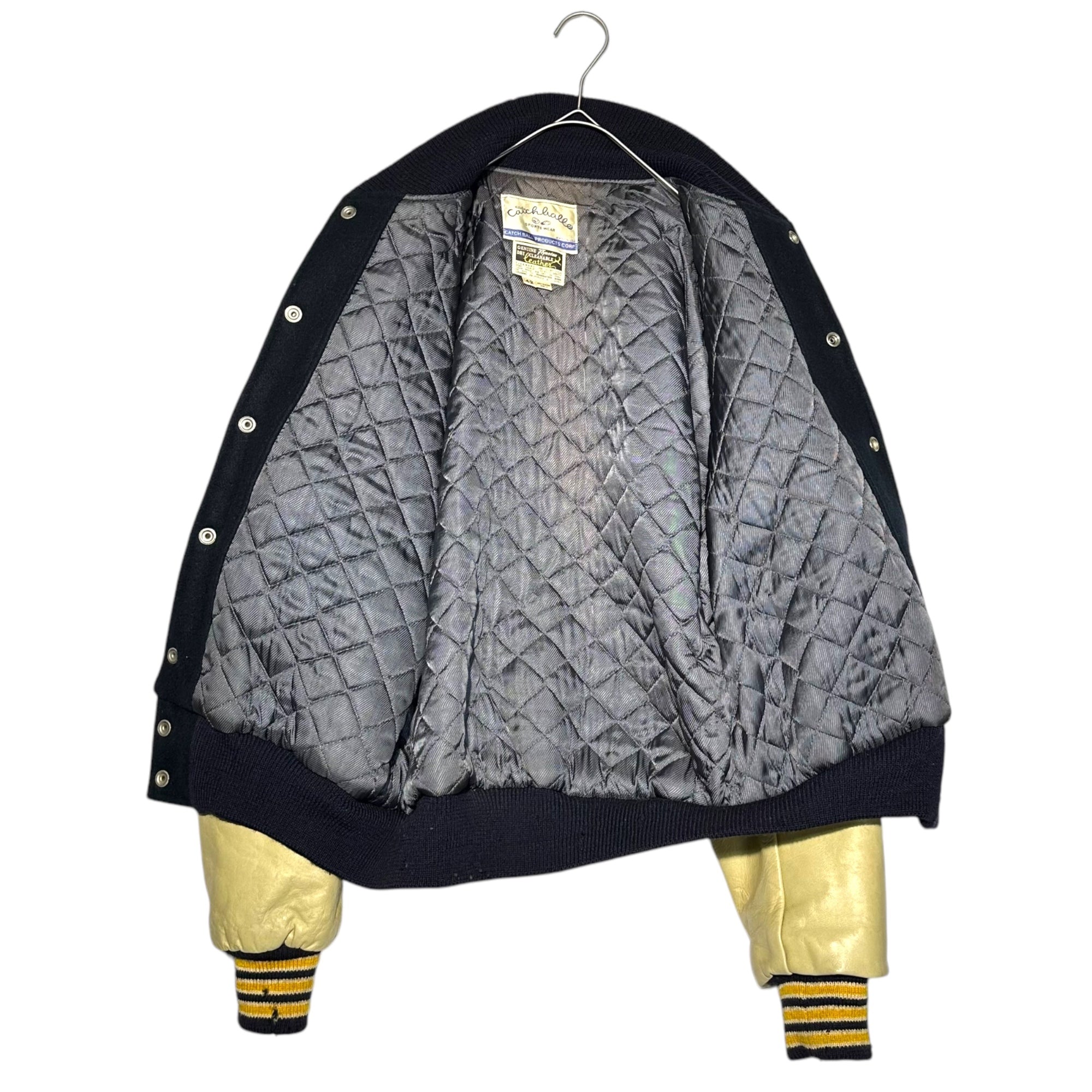 CATCH BALL(キャッチボール) 80's USA made Stadium Jacket スタジアム ジャケット 42(L程度) ネイビー×ベージュ 80年代 ヴィンテージ 古着 スタジャン ブルゾン レザー袖 ウール USA製