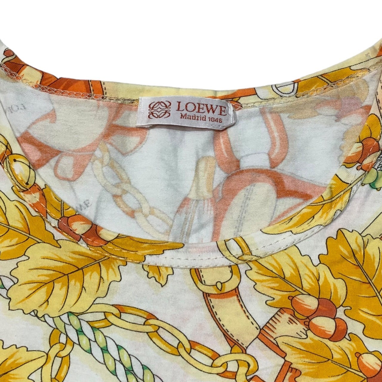 LOEWE(ロエベ) 90’s チェーンベルト ボタニカル スカーフ柄 Tシャツ 表記無し(M程度) ホワイト×イエロー 90年代 ヴィンテージ