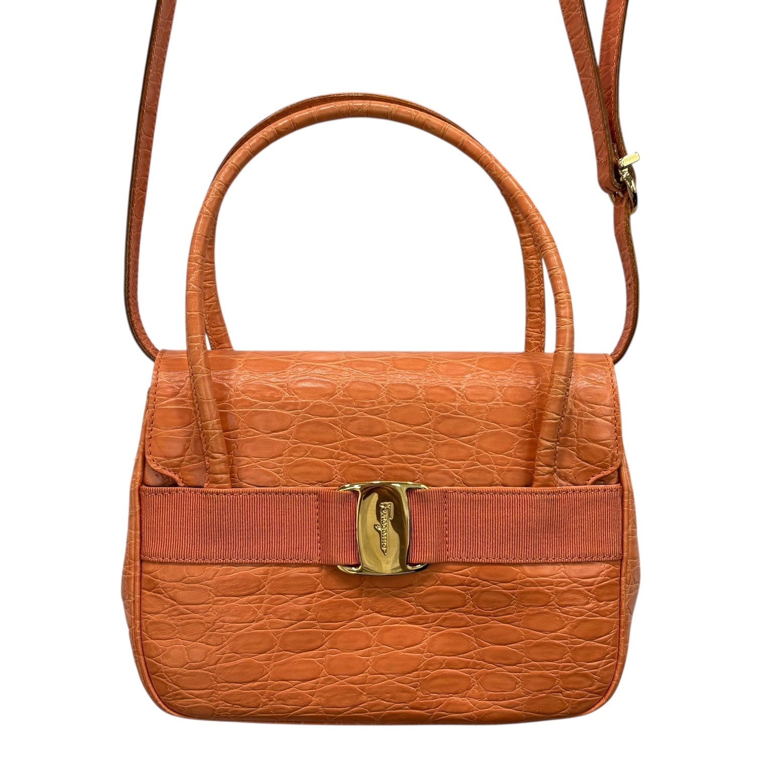Salvatore Ferragamo(サルヴァトーレフェラガモ) Vara Croco Embossed 2-Way Shoulder Bag ヴァラ クロコ 型押し 2WAY ショルダー バッグ BA217201 サーモンピンク