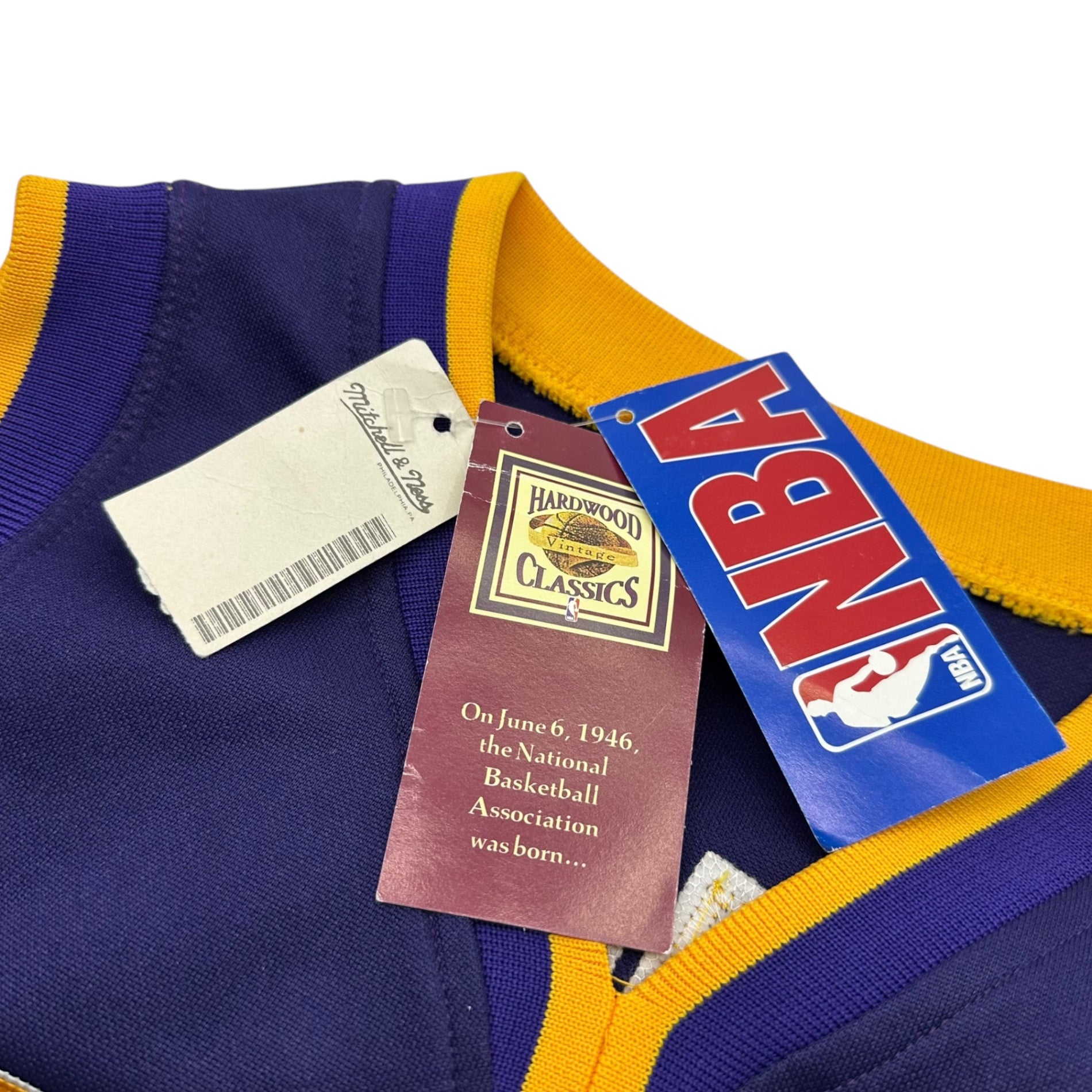 MITCHELL & NESS(ミッチェルアンドネス) "LAKERS 32 Magic Johnson" GAME SHIRT レイカーズ マジック ジョンソン ゲーム シャツ M パープル×イエロー USA製 NBA ユニフォーム タンクトップ