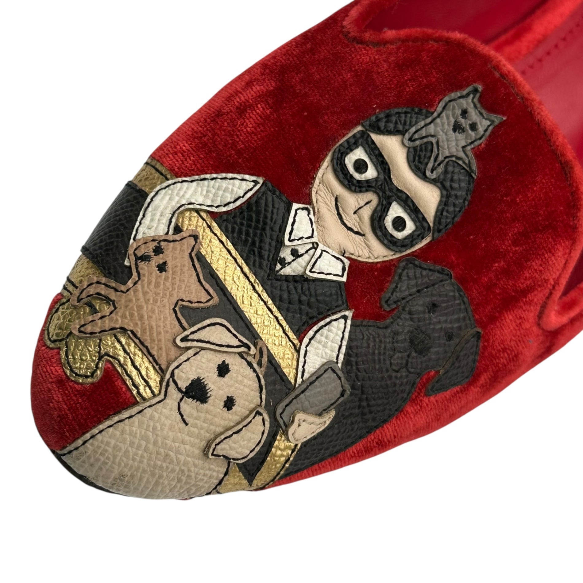 DOLCE&GABBANA(ドルチェ&ガッバーナドルガバ) Human & Dog Patch Velvet Opera Shoes ヒューマン & ドッグ ワッペン ベルベット オペラシューズ 37(23.5cm程度) レッド