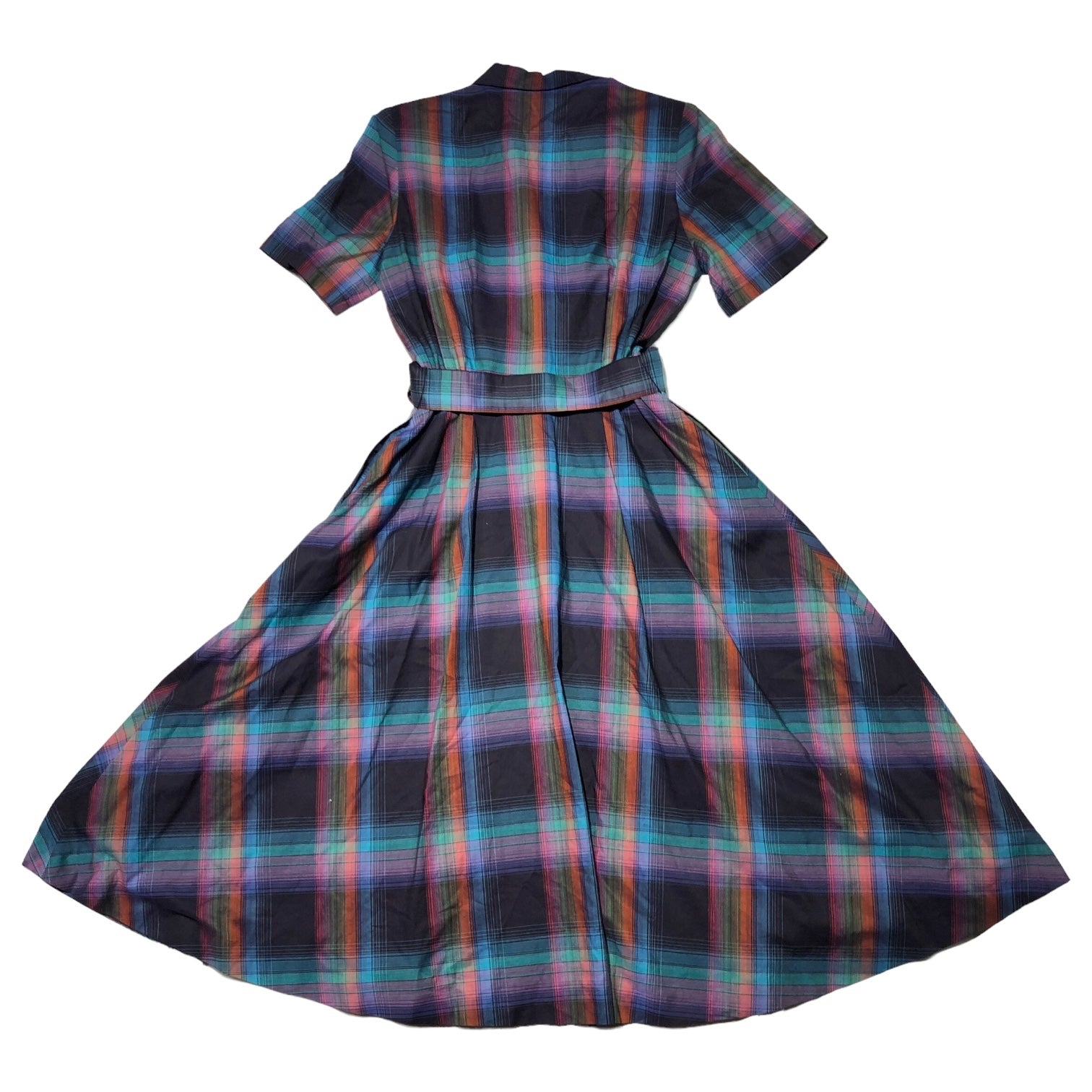 Burberrys(バーバリーズ) 80's~90's ウエストギャザーチェックシャツワンピース/半袖/ヴィンテージ FM067-655 9AR パープル×ネイビー