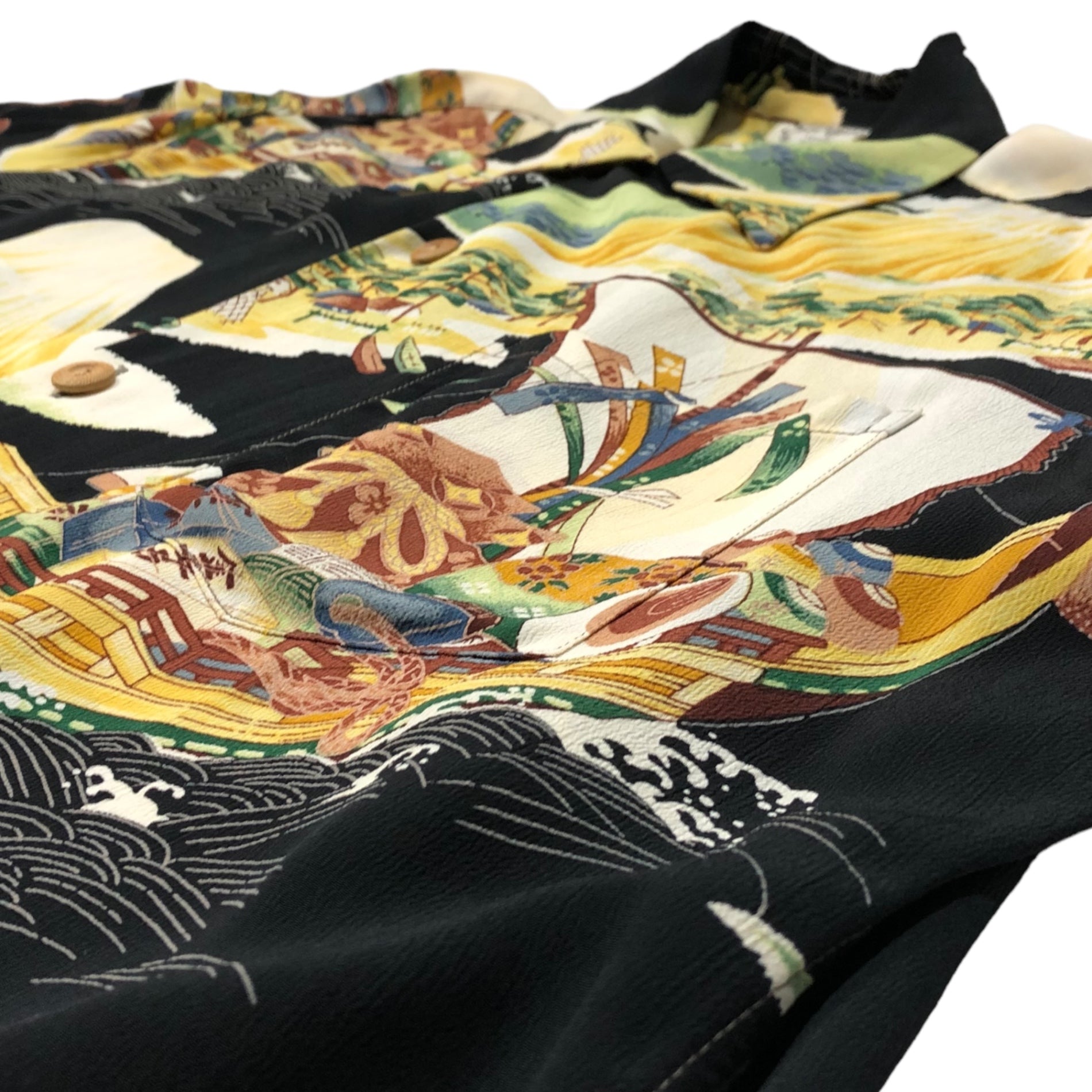 SUN SURF(サンサーフ東洋) ALOHA SACRED TREASURE SHIP 宝船 レーヨン アロハシャツ SS34175 M ブラック×イエロー 半袖