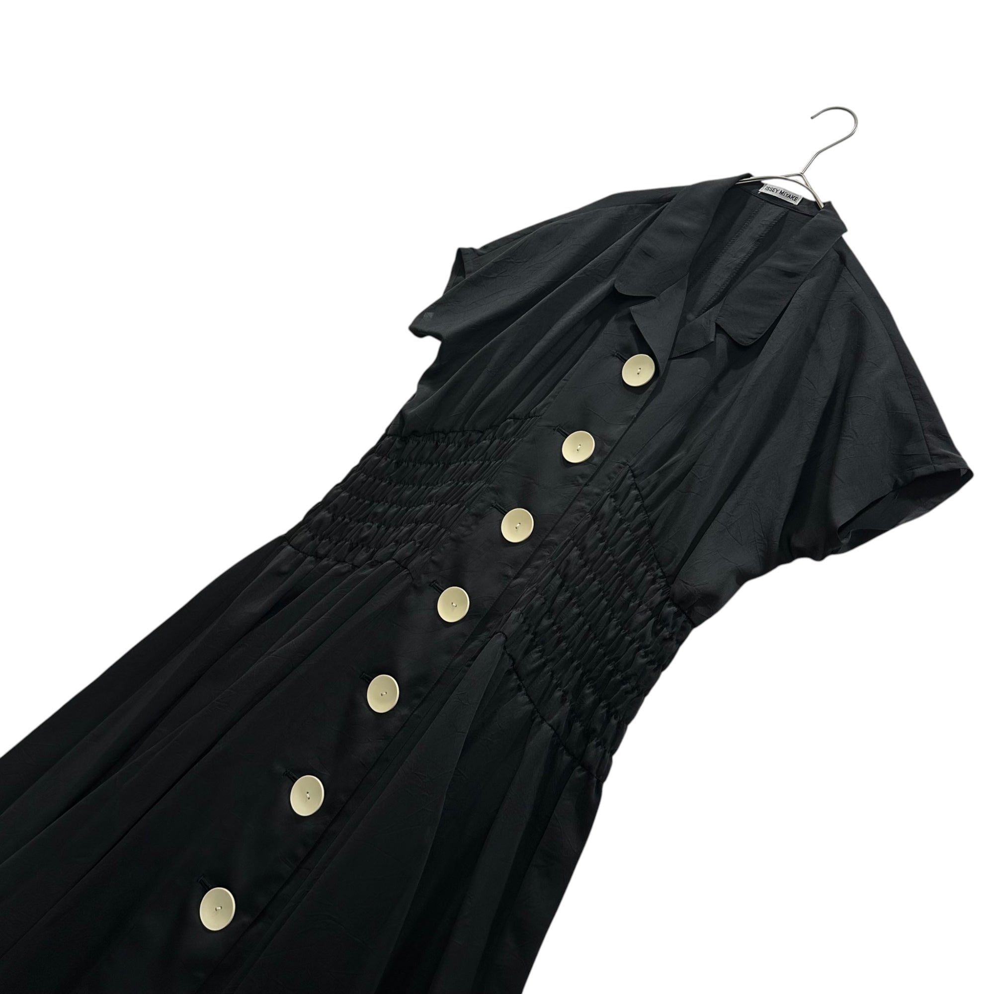 ISSEY MIYAKE(イッセイミヤケ) 1992SS Big Buttons Gathered Waist S/S Dress ビッグ ボタン ウエスト ギャザー 半袖 ワンピース ME21-FF028 S ブラック 90's 90年代 レーヨン