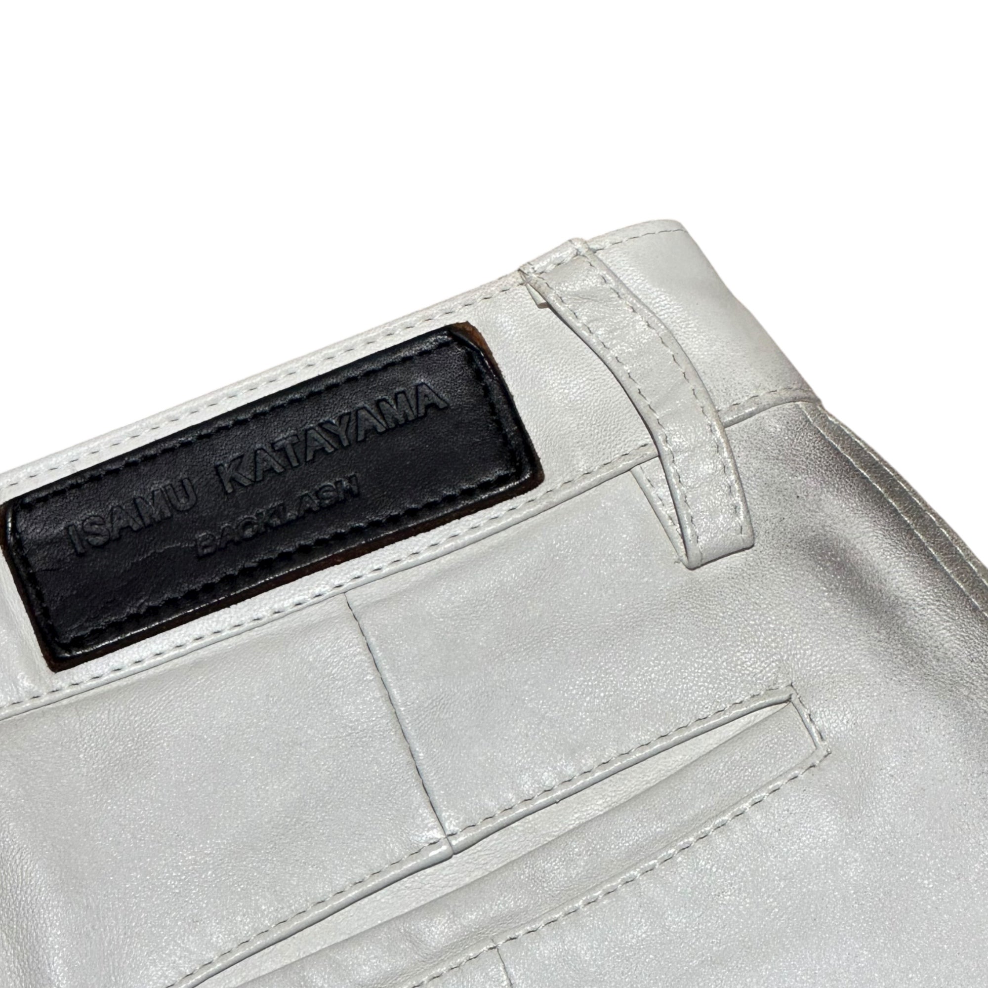 ISAMU KATAYAMA BACKLASH(イサムカタヤマバックラッシュ) Distressed Straight-Leg Leather Pants 汚れ加工 ストレートレザー パンツ ホワイト×ブラック 品質表示タグ欠品