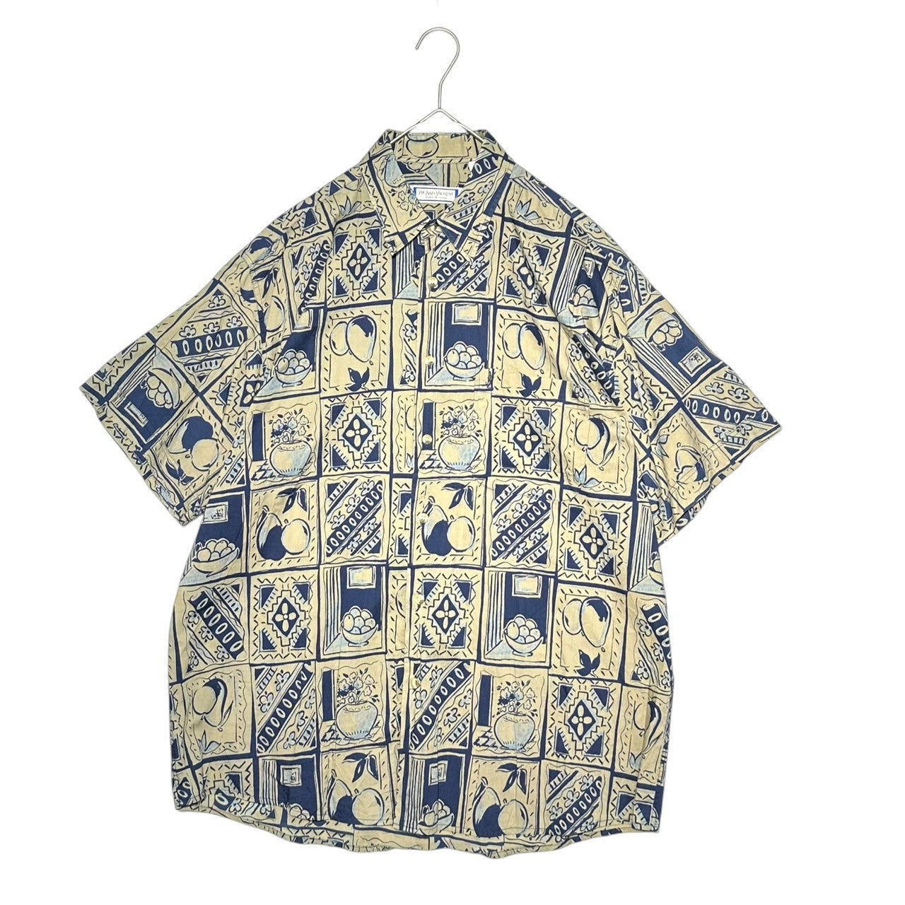 YVES SAINT LAURENT(イヴサンローラン) 90's all-over pattern S/S shirt 総柄 半袖 シャツ 4 ベージュ×ブルー