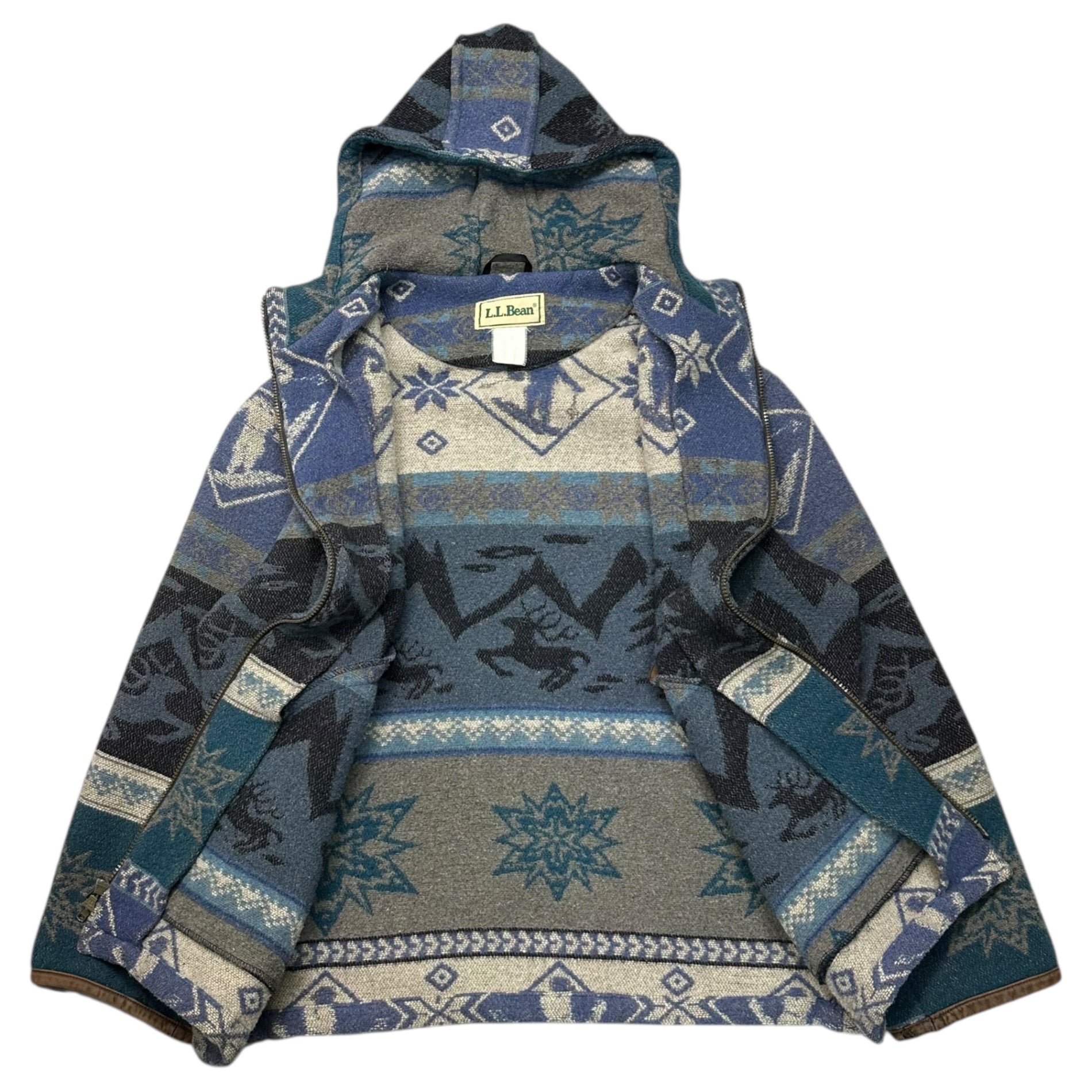 L.L.BEAN(エルエルビーン) 80`s~90‘s zip up Wool Hooded Jacket ノルディック柄 シップ ウール フーデット ジャケット 表記消(XL程度) ブルー 80年代~90年代 ヴィンテージ