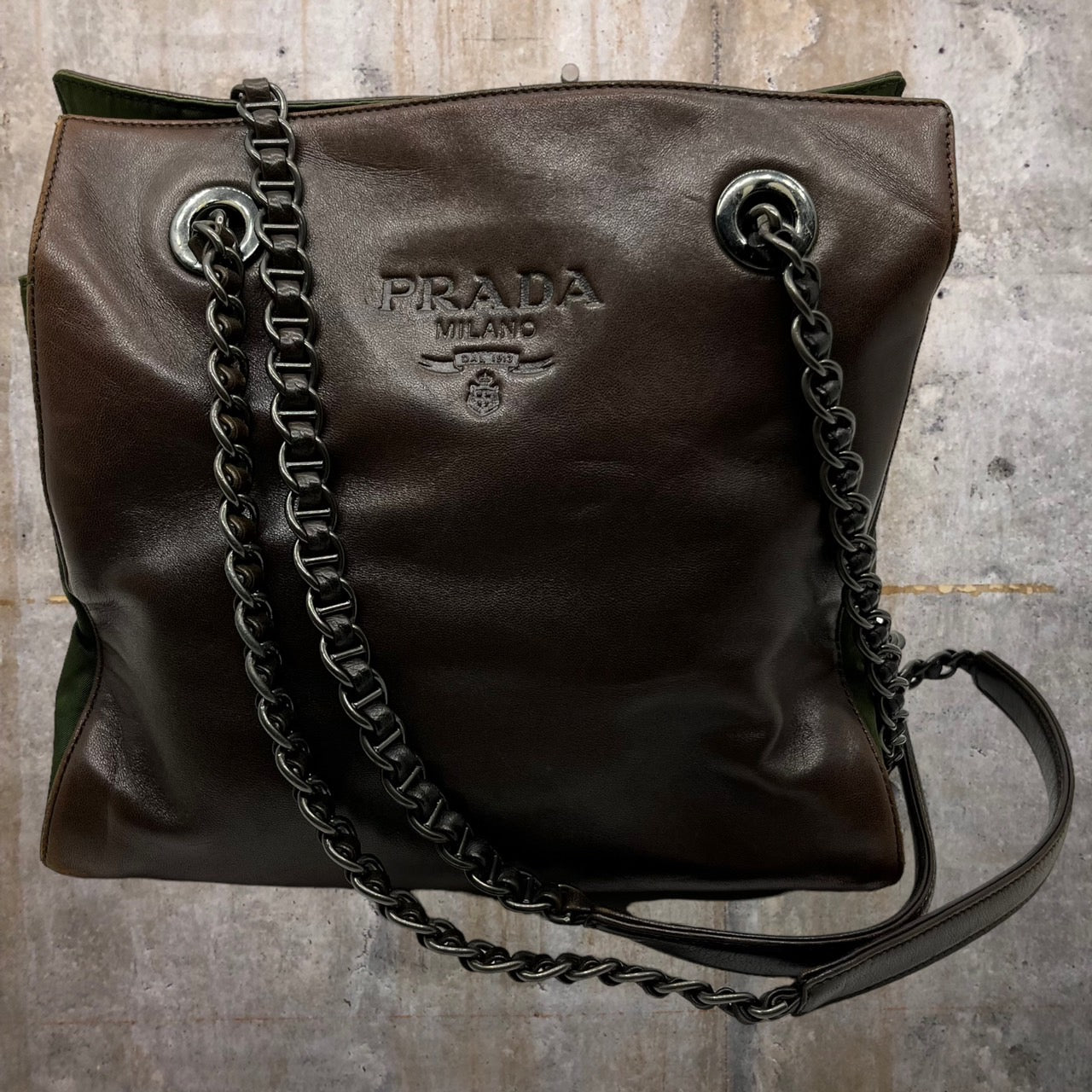 PRADA(プラダ) レザーナイロン切替2Wayショルダーバッグ ブラウン×オリーブ 製造番号:50