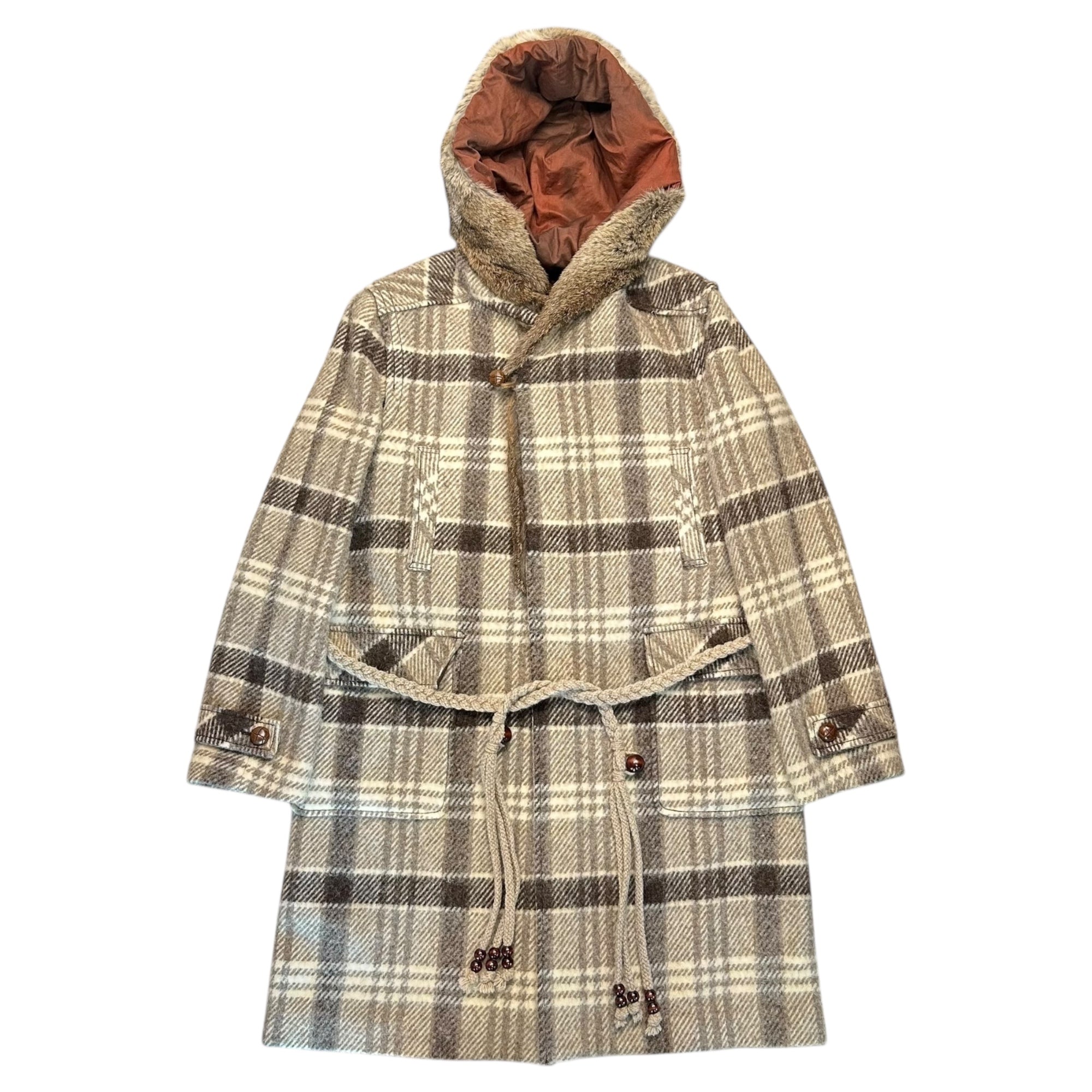 NUMBER (N)INE(ナンバーナイン) 02AW George Period Rabbit Fur Decorated Belted Hooded Check Gown Coat ジョージ期 ラビットファー ベルテッド フーデッド チェック ガウン コート 3(M) ベージュ 2002年 archives collection 稀少品 ヴィンテージ 宮下貴裕 本人期
