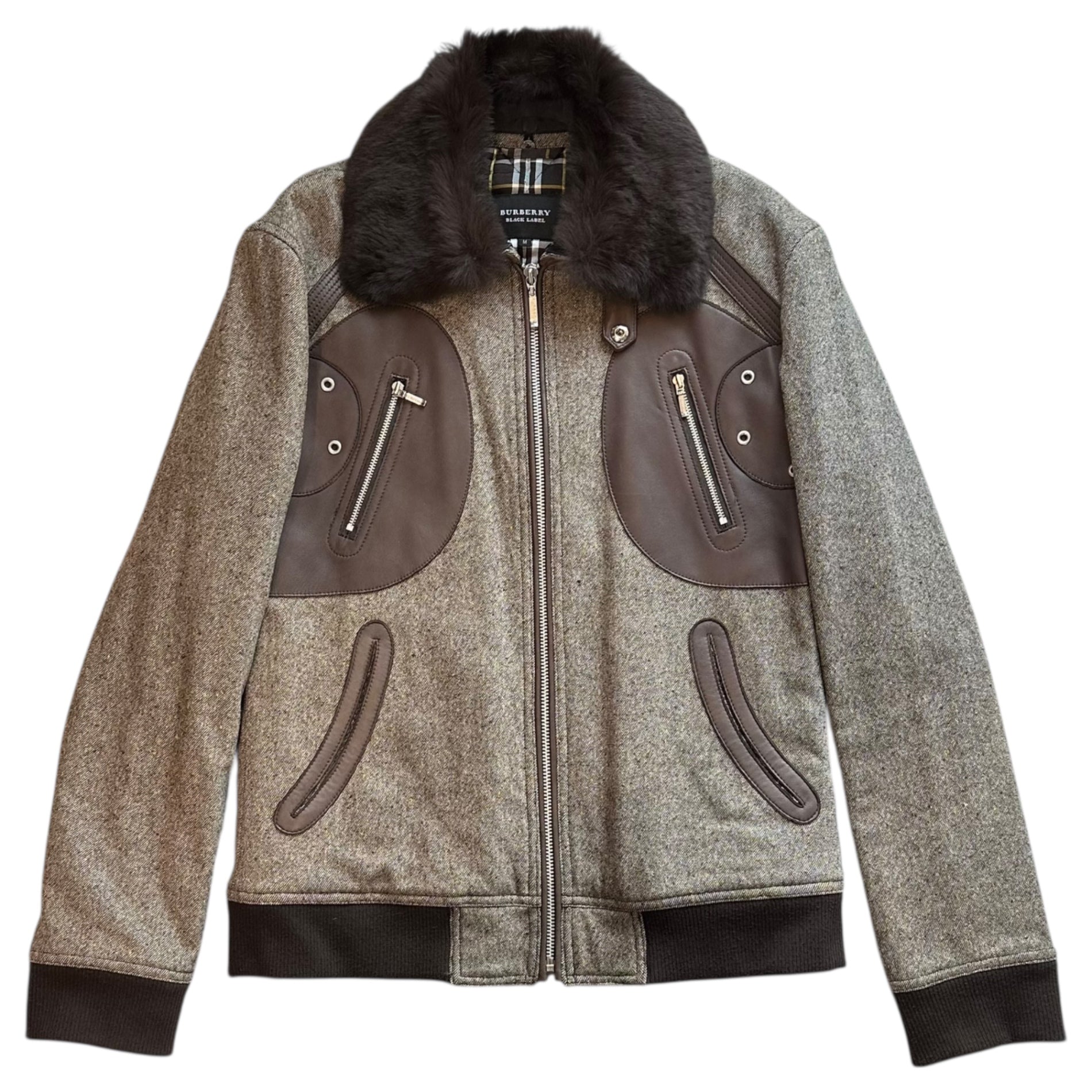 BURBERRY BLACK LABEL(バーバリーブラックレーベル) Fur-Trimmed Leather-Panel Tweed Zip-Up Jacket ファー付 レザー 切替 ツイード ジップアップ ジャケット BMP86-322-46 M ベージュ×ブラウン ブルゾン