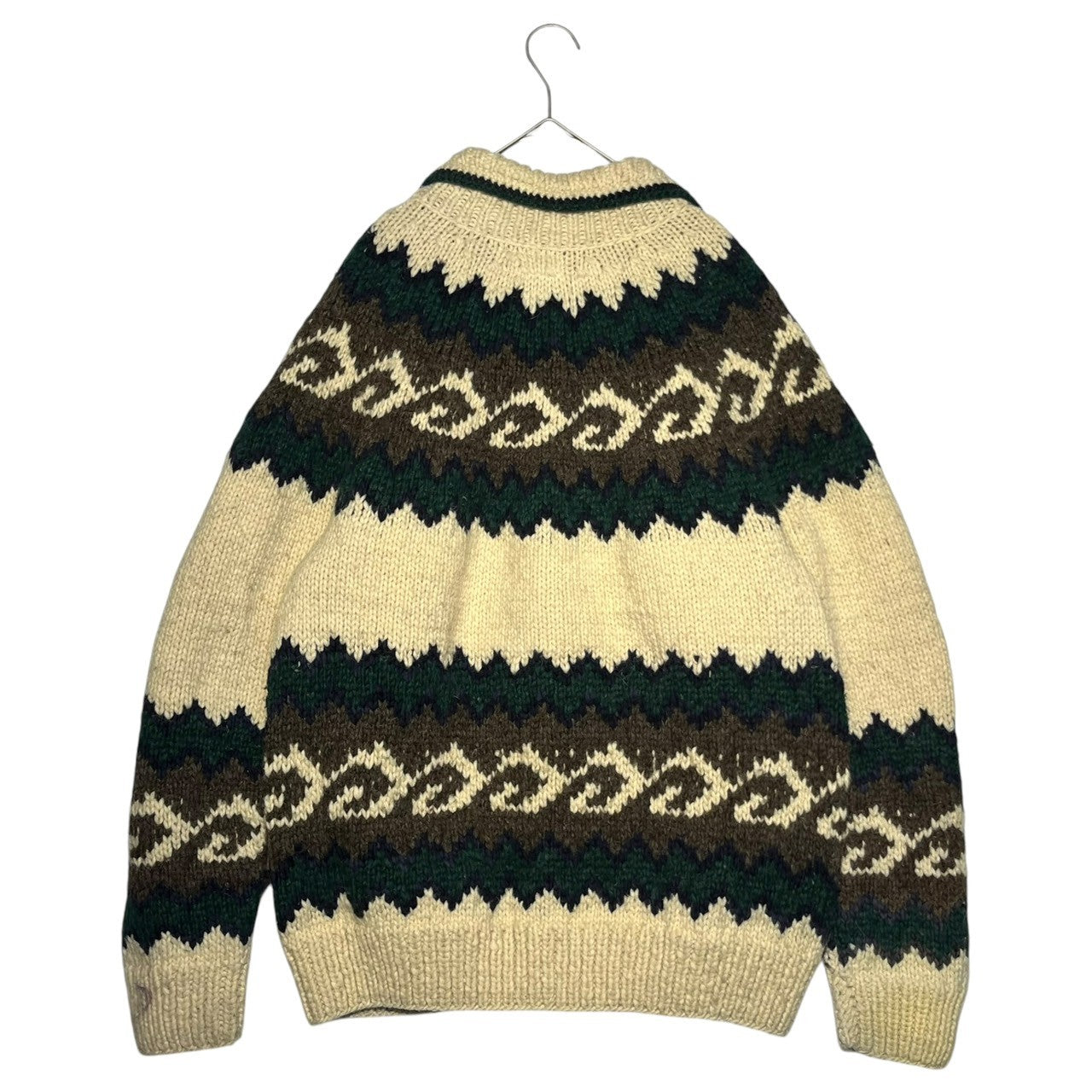 INDIGENOUS DESIGNS(インディアンデザインズ) Ecuador made Indian low gauge knit cardigan エクアドル製 インディアン ローゲージ ニット カーディガン カウチン M アイボリー×グリーン 環境保護 サスティナブル オーガニック
