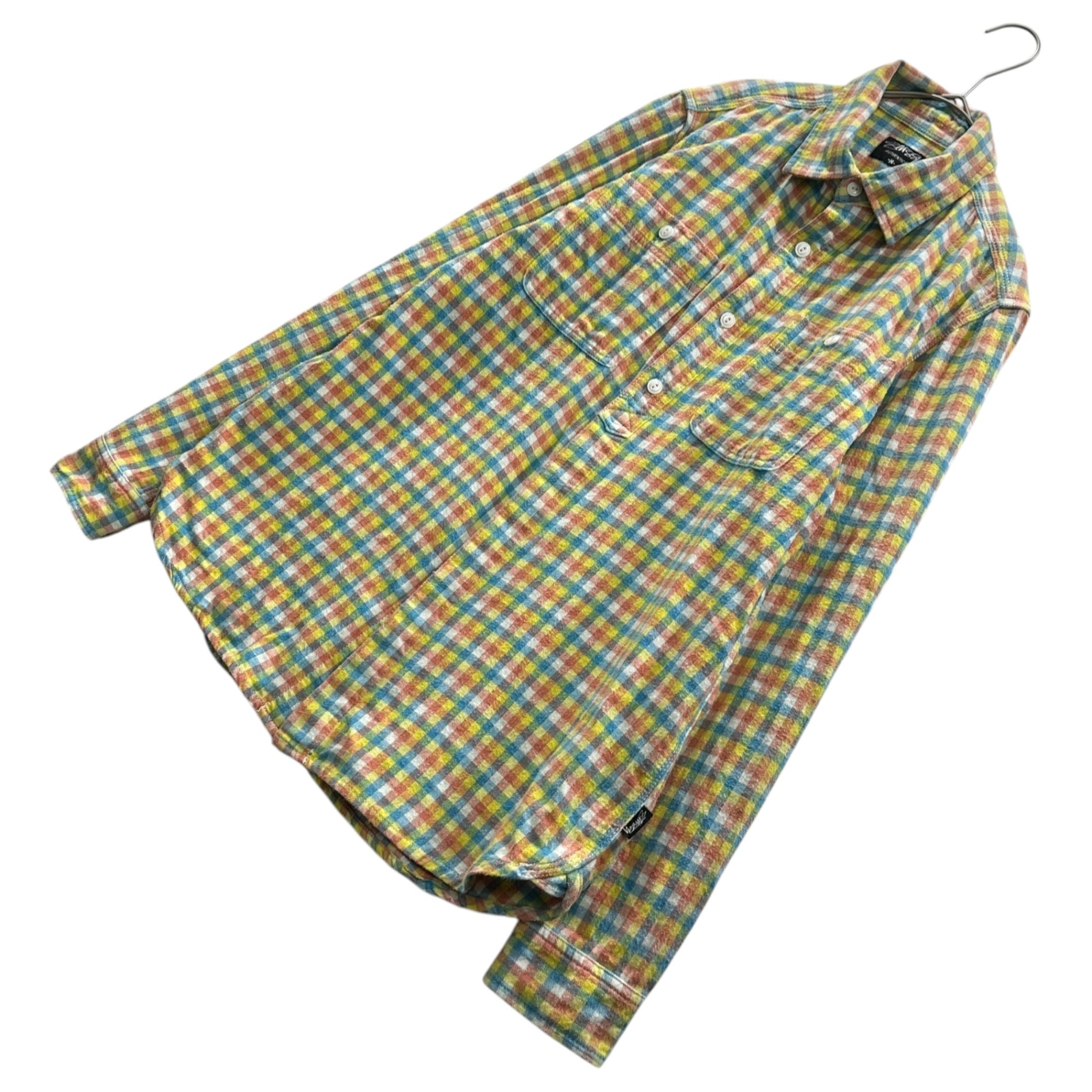 STUSSY(ステューシー) Gingham check logo print flannel shirt ギンガム チェック ロゴ プリント フランネル シャツ M マルチ