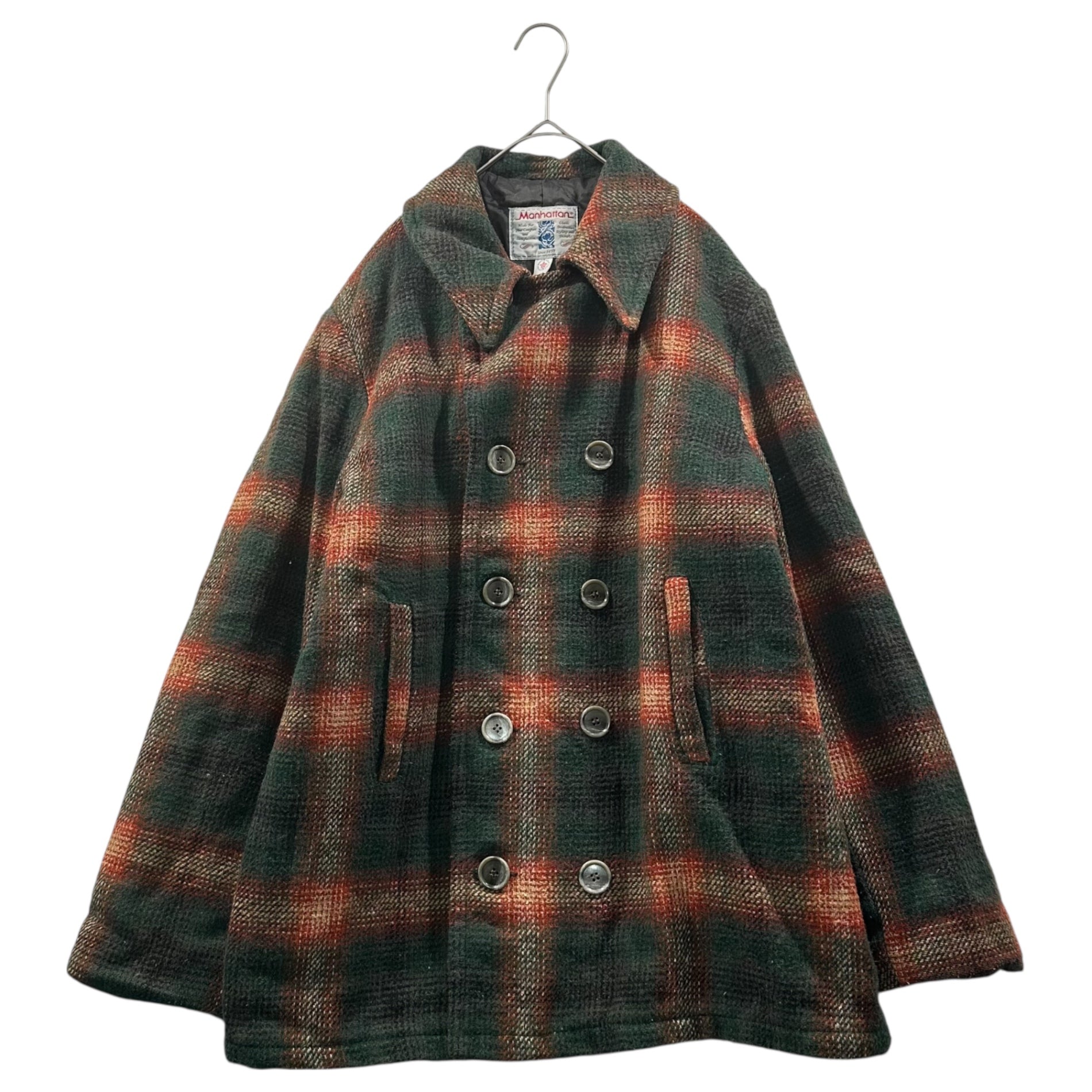 Manhhattan(マンハッタン) 80's Ombre Check Double-Lined Coat 80年代 オンブレ チェック ダブル 中綿 コート M グリーン×オレンジ Vintage ヴィンテージ 古着