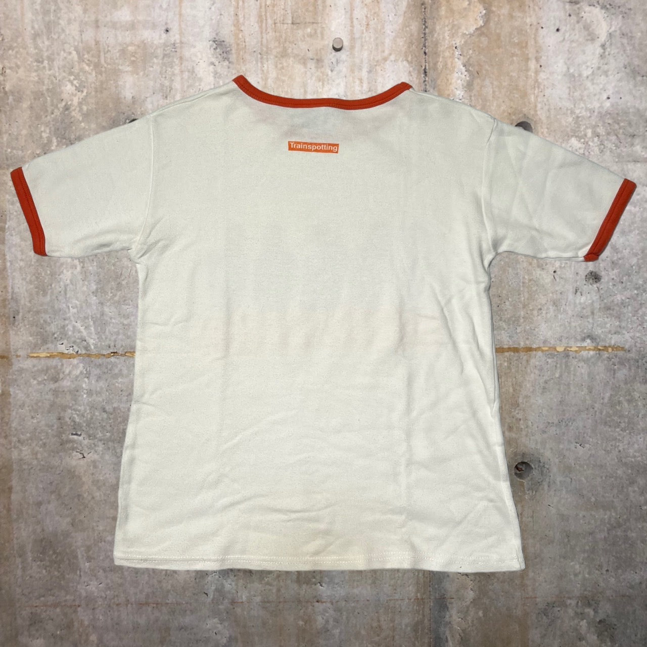 UNDERWORLD(アンダーワールド) 90's trainspotting TEE/リンガーTシャツ/トレインスポッティング/ムービーTシャツ 表記無し(Sサイズ程度) ホワイト×オレンジ 当時物 1996年 Underworld Born Slippy 映画