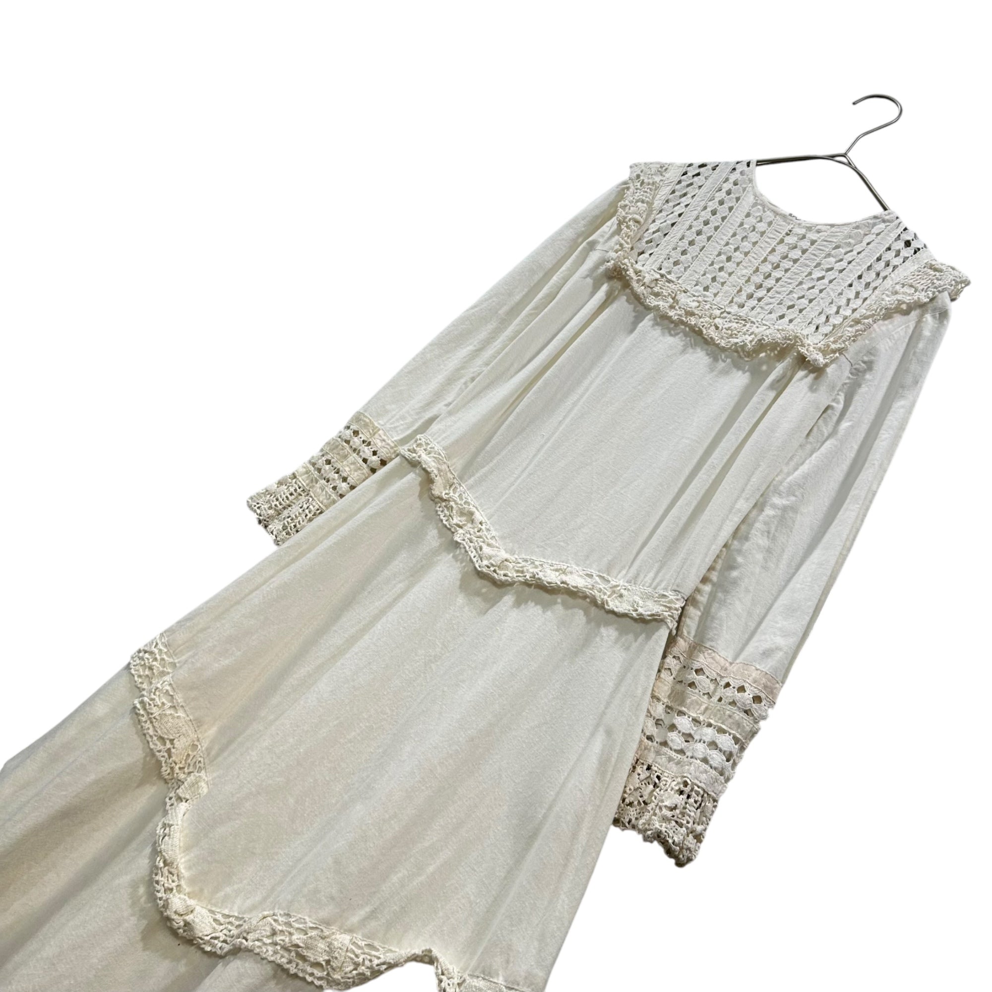 Euro vintage(ヨーロッパヴィンテージ) 40's~ Beans_ upper body with design lace cotton long onepiece レースのコットンロングワンピース 表記無し(Mサイズ程度) ホワイト