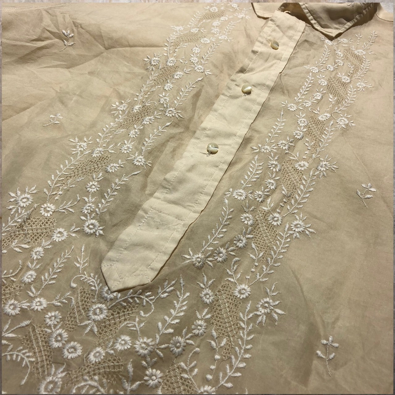 VINTAGE(ヴィンテージ) ~50'sフラワーステッチシルクプルオーバーシャツ 表記なし(L程度) アイボリー
