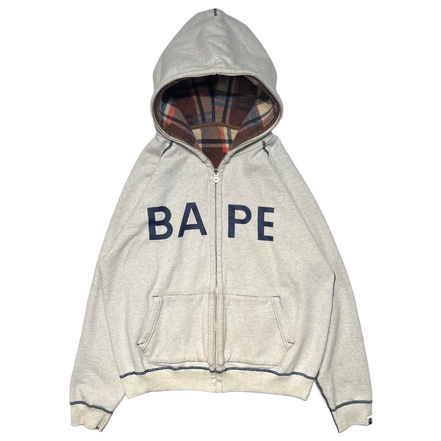 A BATHING APE(アベイシングエイプ) 00's Love Gene Check Reversible Parka ラブジェネ チェック  リバーシブルパーカー L グレー×レッド ジップ