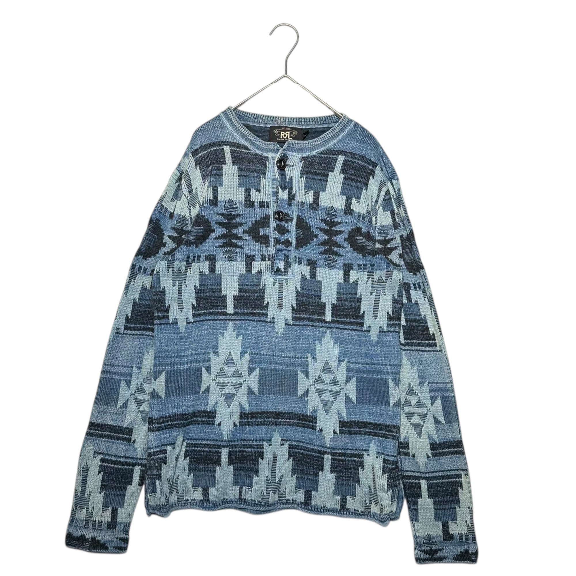 RRL(ダブルアールエル) Indigo Knit Chimayo Pattern Henley Neck Knit インディゴニット チマヨ柄 ヘンリーネック ニット S インディゴ