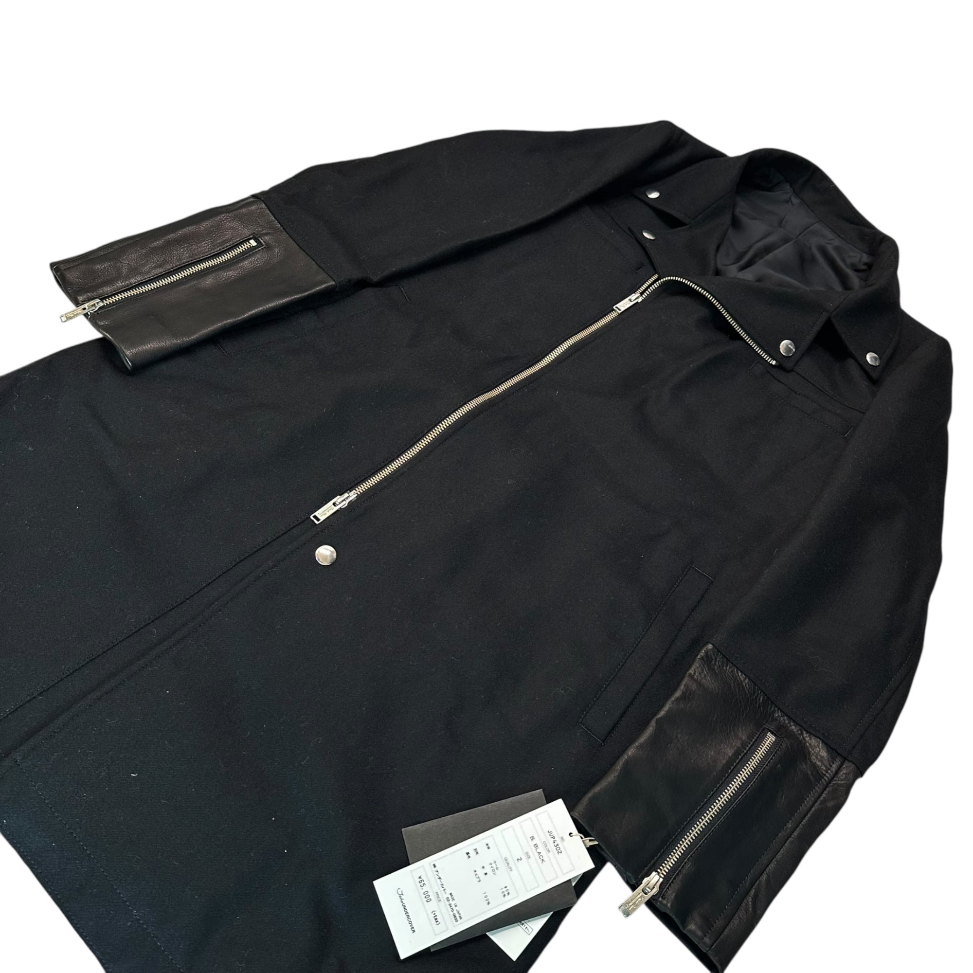 John UNDERCOVER(ジョン アンダーカバー) 15AW Leather-trimmed wool rider's coat レザー 切替 ウール ライダースコート JUP4302 2(M程度) ブラック 参考定価71,500円(税込)