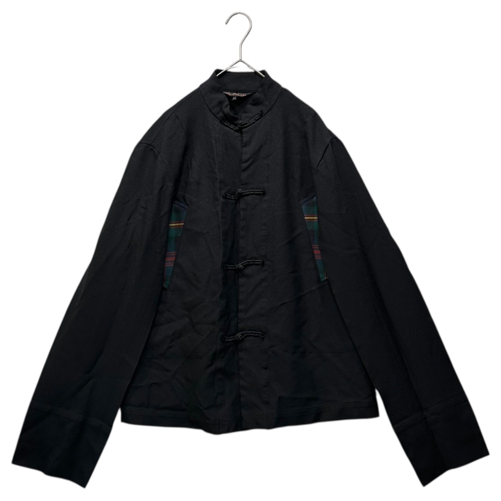 BLACK COMME des GARCONS(ブラックコムデギャルソン) 17AW Polyester Shrink-Resistant Checkered Panel China Shirt Jacket ポリエステル 縮絨 チェック切替 チャイナ シャツ ジャケット OT-J001 L ブラック AD2017 男性着用可能