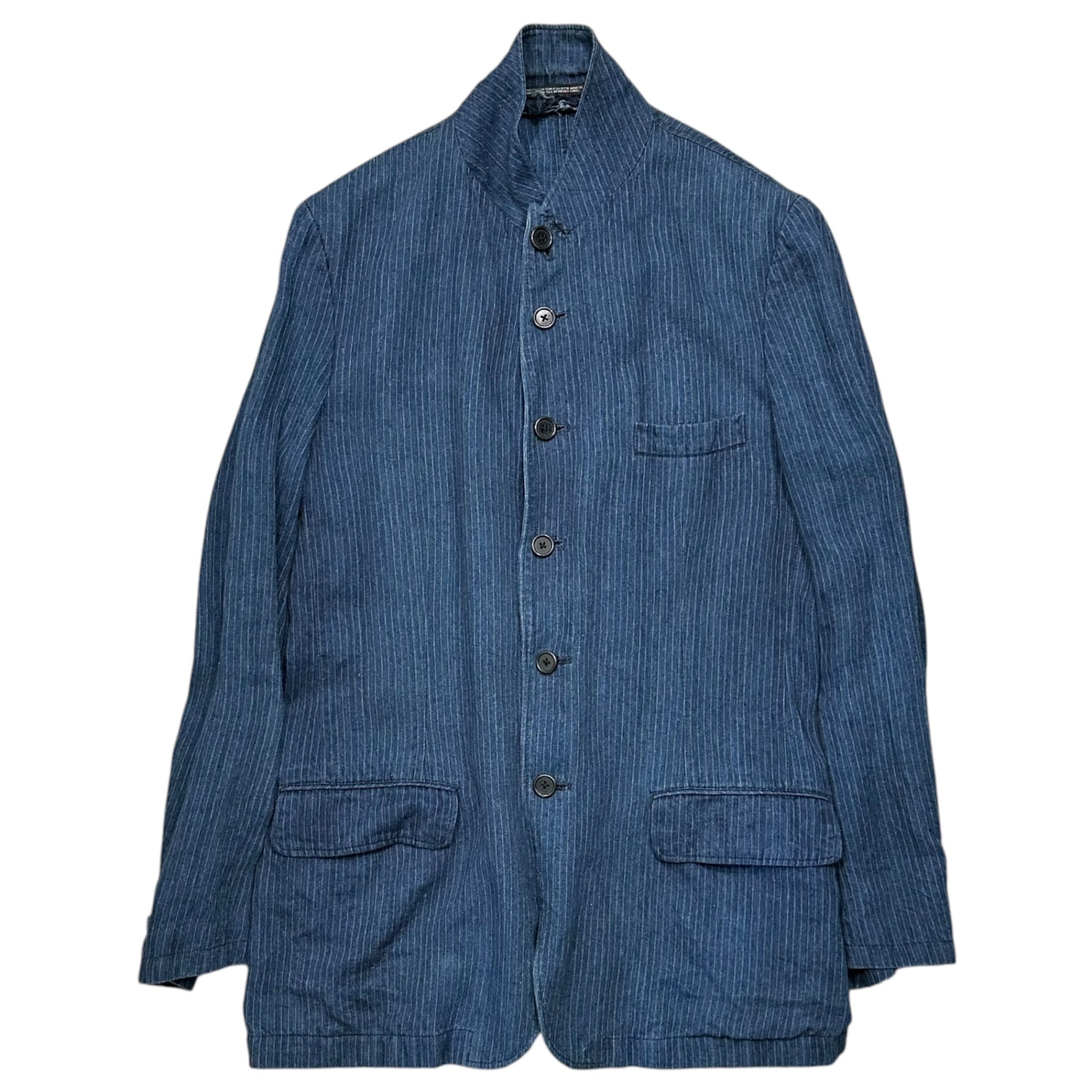 YOHJI YAMAMOTO POUR HOMME(ヨウジヤマモトプールオム) Indigo-Dyed Stand-Collar Striped Linen Jacket インディゴ染め スタンドカラー ストライプ リネン ジャケット 3(L程度) インディゴ×ホワイト タグ取れ