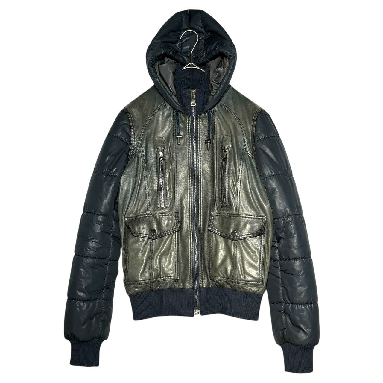 D&G(ディー&ジードルガバドルチェ&ガッバーナ) Lambskin switching padding hooded jacket ラムスキン 切替 中綿 フーデッド ジャケット レザー RB0563/SE320 44 ネイビー