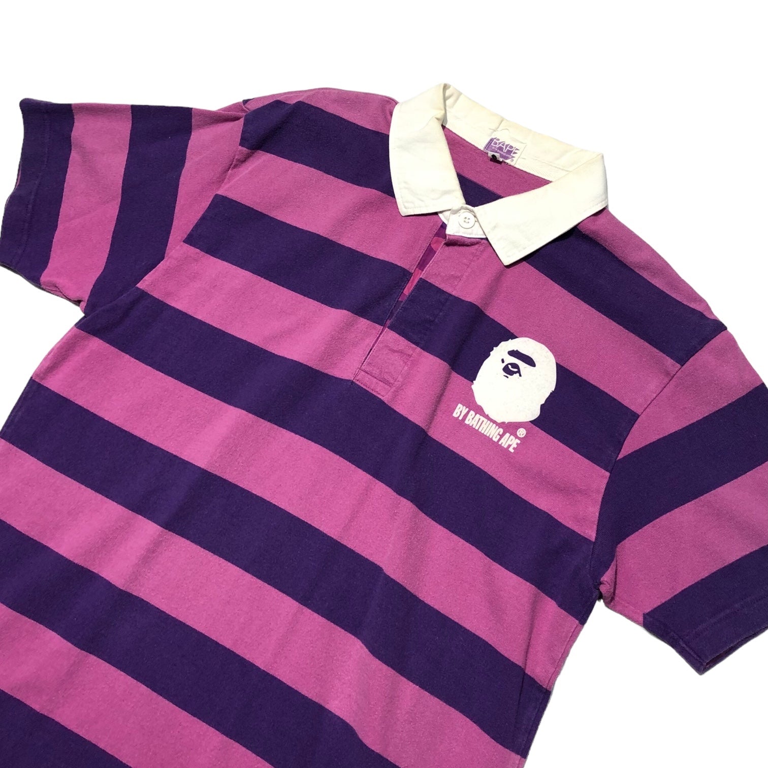 A BATHING APE(アベイシングエイプ) 00's One point logo border rugby shirt ワンポイント ロゴ ボーダー ラガー シャツ L パープル ポロシャツ
