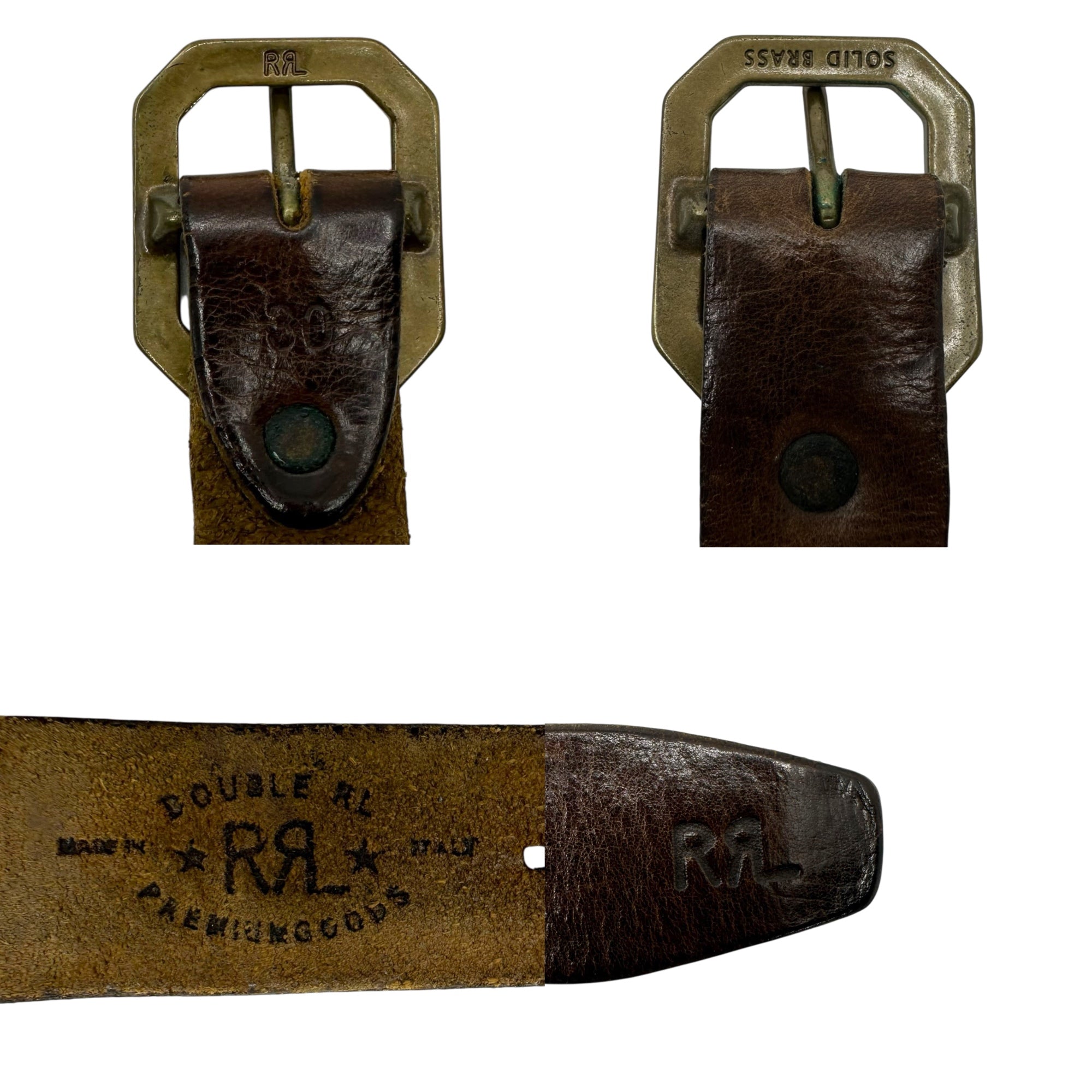 RRL(ダブルアールエル) Leather and Cotton Blend Belt レザー コットン 切替 ベルト 30 ブラウン×カーキ バックル素材:真鍮