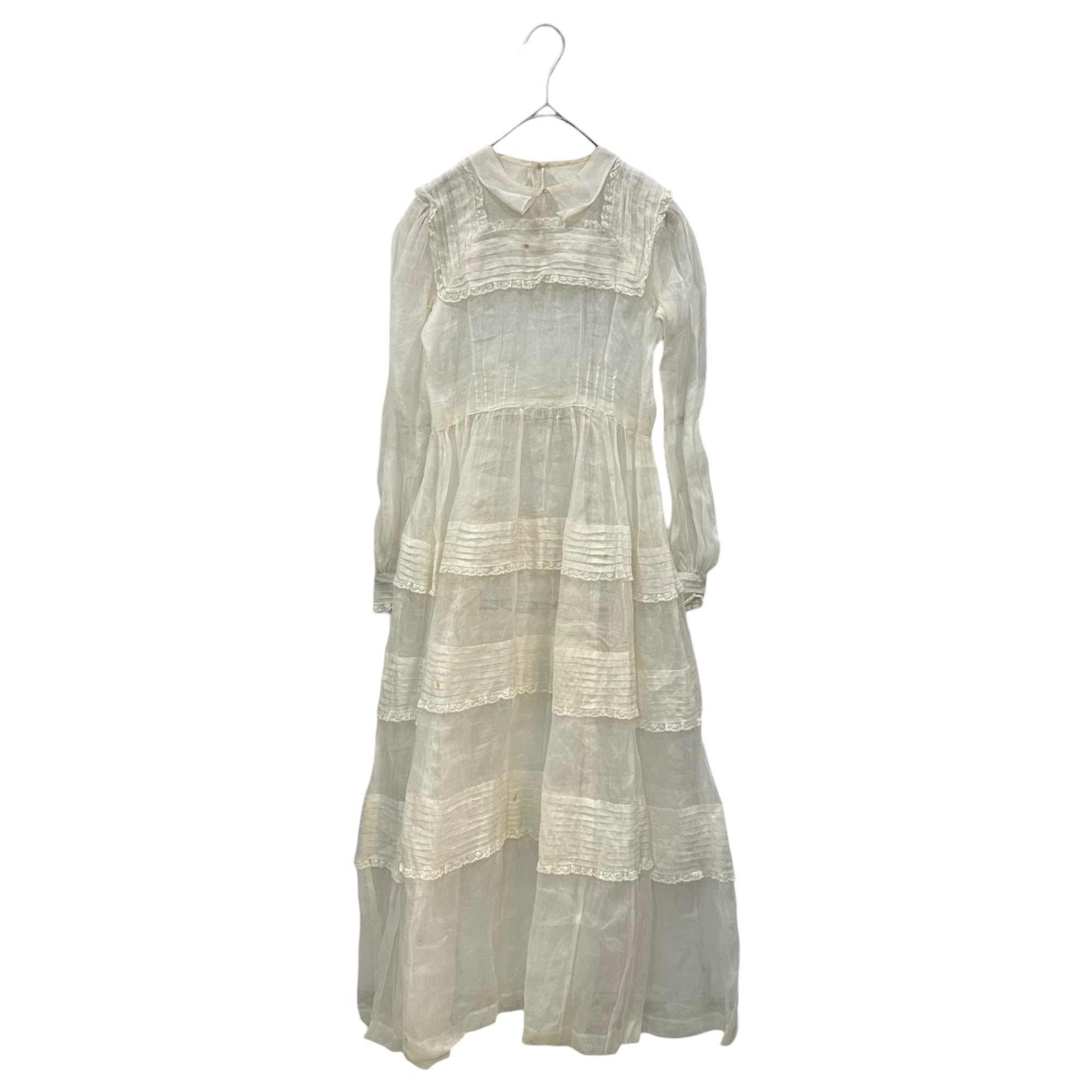 Euro antique(ヨーロッパアンティーク) about 1900's~ organza lace decoratedwith collar dress 20世紀初頭頃のレース装飾オーガンザドレス 表記無し(S程度) ベージュ