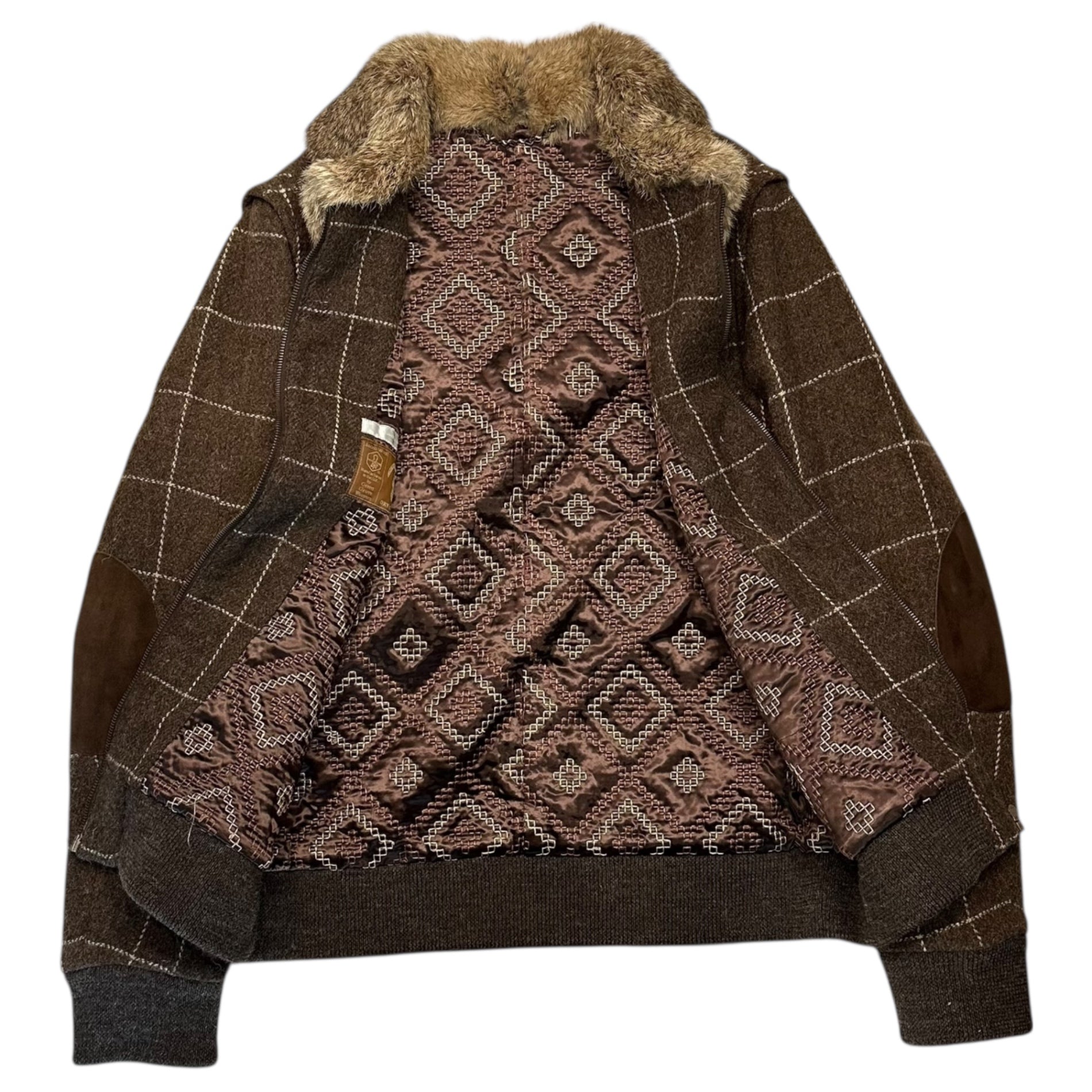 NUMBER (N)INE(ナンバーナイン) 02AW George Period Rabbit Fur Trim Wool Check Short Length Jacket ラビットファー 装飾 ウール チェック ショートレングス ジャケット ボンバー 3(M) ブラウン 2002 archives collection 稀少品 宮下貴裕 本人期 ジャコブウール